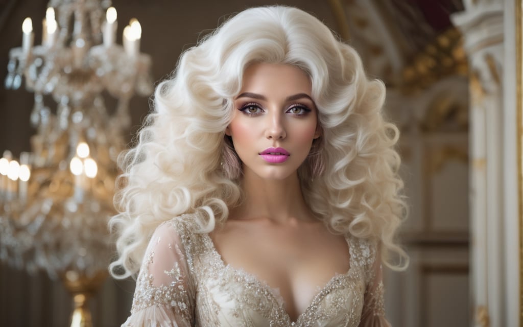 cinematic photo , gorgeous Georgian era woman, shoulders back, head held high, grand elaborate white powdered wig, towering wig with curls and waves, delicate ornaments, well-defined eyebrows, subtle rouge cheeks and kohl, delicate lace ruffle, silk skirt. lavish Georgian ballroom, crystal chandeliers, gilded furnishings. 35mm photograph, film, bokeh, professional, 4k, highly detailed