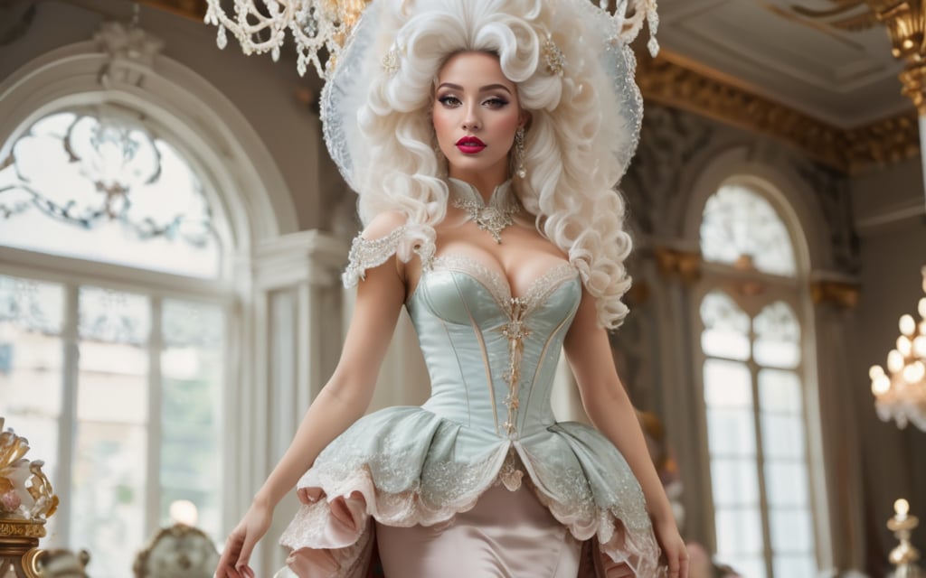 cinematic photo, full body shot, gorgeous Georgian era woman, shoulders back, head held high, grand elaborate white powdered wig, towering wig with curls and waves, delicate ornaments, well-defined eyebrows, subtle rouge cheeks and kohl, delicate lace ruffle, silk skirt. lavish Georgian ballroom, crystal chandeliers, gilded furnishings. 35mm photograph, film, bokeh, professional, 4k, highly detailed