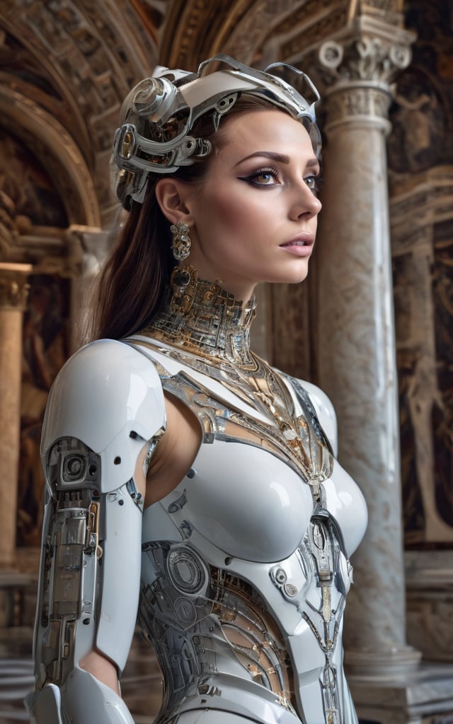 A hauntingly beautiful still-life. A half-human, half-machine robot woman stands upright, her gaze piercing as she dominates the ancient Roman gallery of paintings and marble. Her toxic personality is palpable amidst the ornate columns and frescoes. The air is thick with quantum wavetracing, casting an otherworldly glow on her flawless skin. She's dressed in high-fashion attire, with intricate details echoing electronic computer hardware. Semiconductor patterns dance across her mechanical limbs, as if powered by a pulsing circuit board. A perfect, porcelain-like complexion glows under the soft analog film grain, making her almost ethereal against the rich marble backdrop. The overall aesthetic is a masterclass blend of high-tech and classical art, as if a futuristic goddess had stepped out of a 1950s sci-fi novel and into this breathtaking still-life.