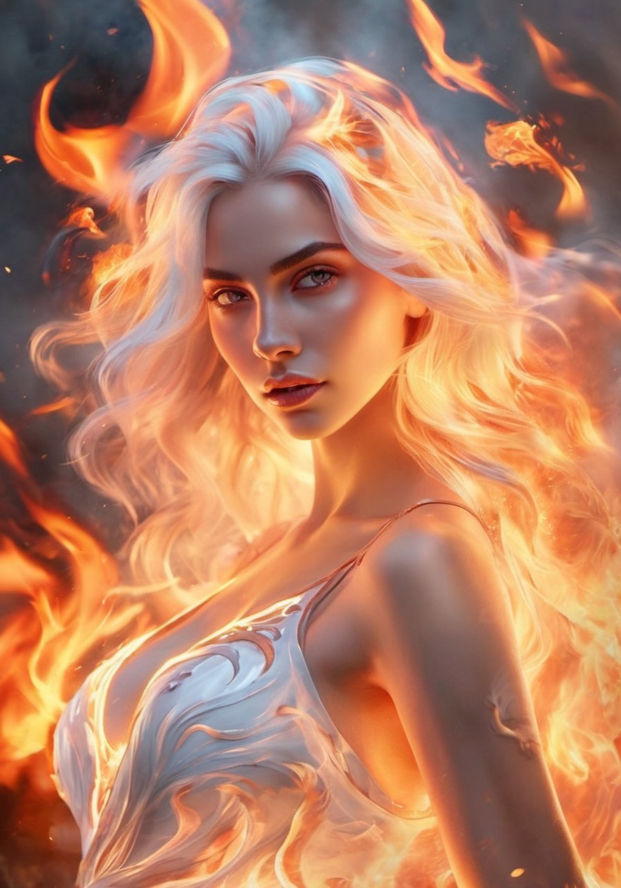 (Masterpiece, high quality, best quality, official art, beauty and aesthetics:1.2),(fire element:1.1),composed of fire elements,(1girl:1.2),,burning,transparency,fire,(molten rock), flame skin,flame print,fiery hair,smoke,cloud,,ukl, cleavage ,a girl wrapped in flames soaring flames radiating sparks,perfect face,the perfect hand,white hair,fire element , (Georgina Rodríguez Hernández face)