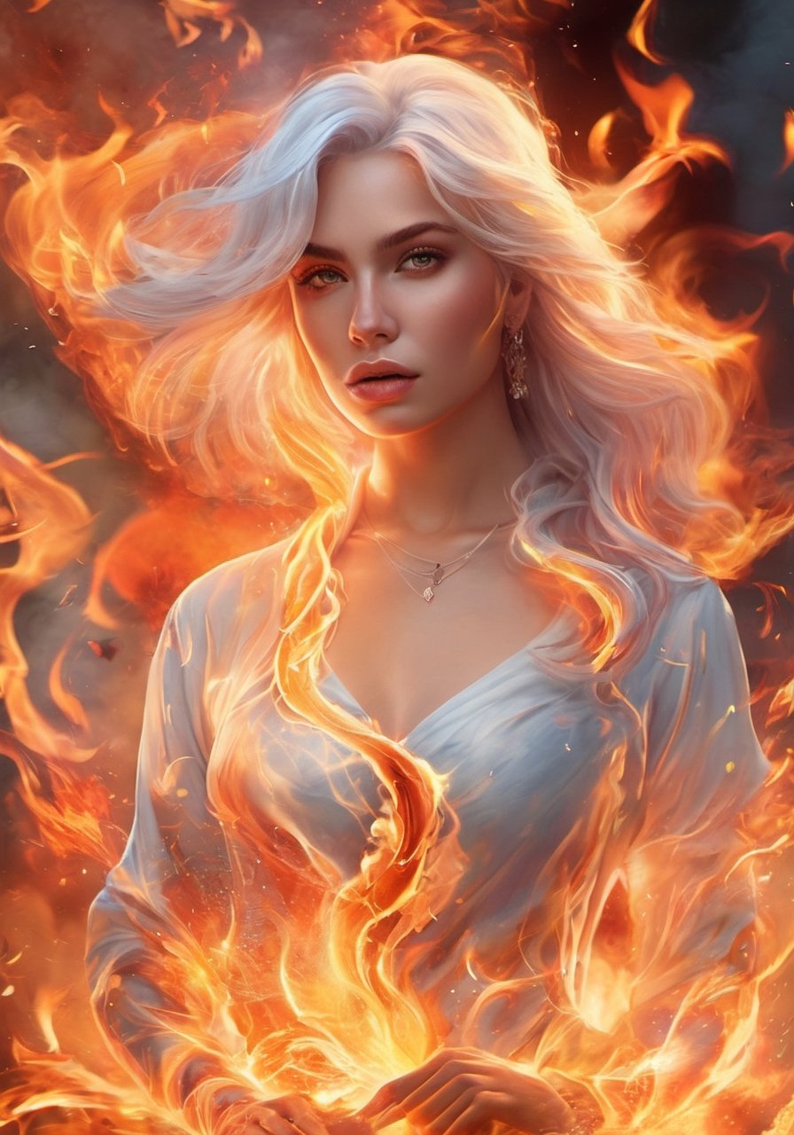 (Masterpiece, high quality, best quality, official art, beauty and aesthetics:1.2),(fire element:1.1),composed of fire elements,(1girl:1.2),,burning,transparency,fire,(molten rock),flame skin,flame print,fiery hair,smoke,cloud,,ukl,cleavage,a girl wrapped in flames soaring flames radiating sparks,perfect face,the perfect hand,white hair,fire element , (Georgina Rodríguez Hernández face)
