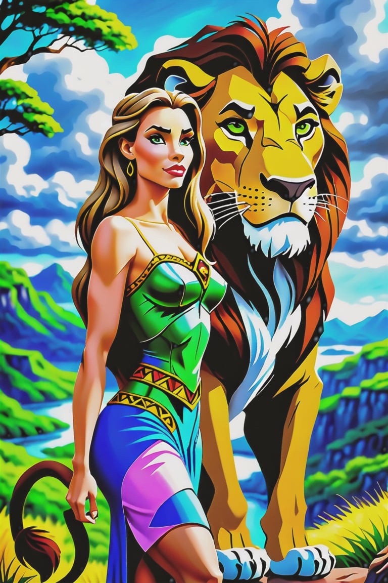 A beautiful woman standing beside scar lion from Lion King ,
,
scarlion, lion, 
,
green eyes, 
whiskers, 
feline, best quality, 
photorealistic, 
cloudy,
hyperrealistic, ultradetailed, 
detailed background, 
photo background, 
digital drawing (artwork), 
[[by kenket|by totesfleisch8], 
by thebigslick:by silverfox5213:0.8], 
[by syuro, by paloma-paloma::0.2],
 depth of field, grey sky, ((intimidating)) ,
