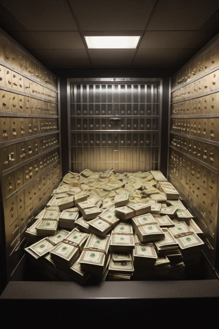 Bank vault,
Open,
Money stackes,
Piles of money,
Millions,