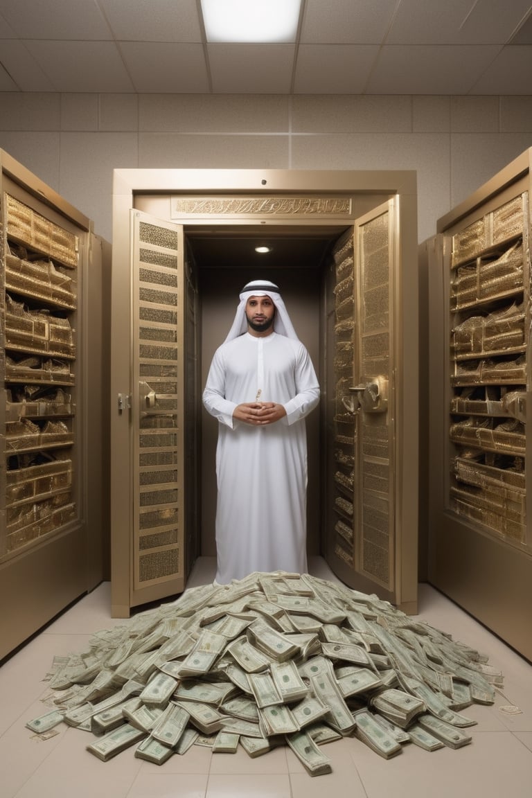 Bank vault,
Open,
Money stackes,
Piles of money,
Millions,
Arab Banker ,
Wearing traditional Arabian dress,
White Long dress,
Traditional Head dress,

Full body shot,