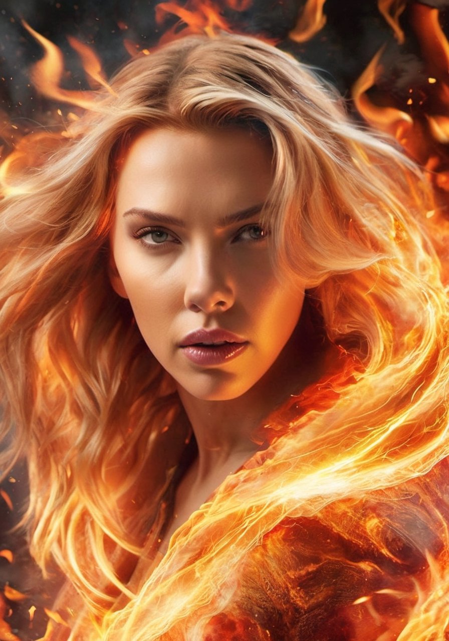 (Masterpiece, high quality, best quality, official art, beauty and aesthetics:1.2),(fire element:1.1),composed of fire elements,(1girl:1.2),,burning,transparency,fire,(molten rock), flame skin,flame print,fiery hair,smoke,cloud,,ukl, cleavage ,a girl wrapped in flames soaring flames radiating sparks, perfect face,the perfect hand,white hair,fire element , (Scarlett Johansson face)