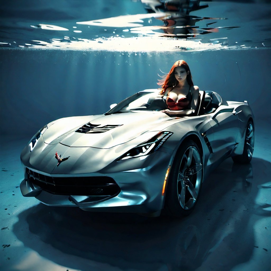 (+18) ,
A sexy woman diver swimming near a Corvette stingray inside a swimming pool under water ,, 

underwater,macro shot,c_car,Concept Cars,booth