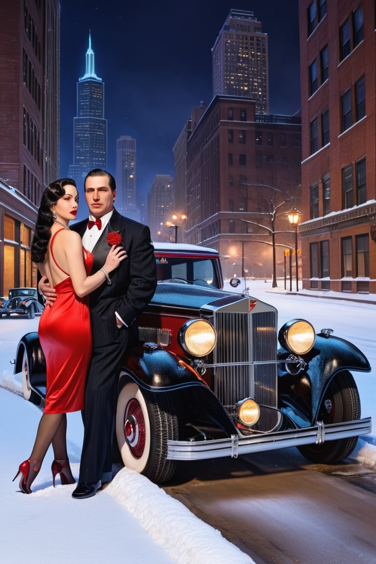 A portrait of a (mafia boss) and his sexy wife in year 1934 nearby a classic car ,
1 car,  1930 Cadillac V16 Madame X Sedan Cabriolet,  
,  parked against the background of a Chicago downtown , 
 
snowy,  night time, 
best quality,  realistic,  
photography,  highly detailed,  
8K,  HDR,  photorealism,  
naturalistic,  realistic,  
raw photo ,
H effect,  ,  ,,rebsonya