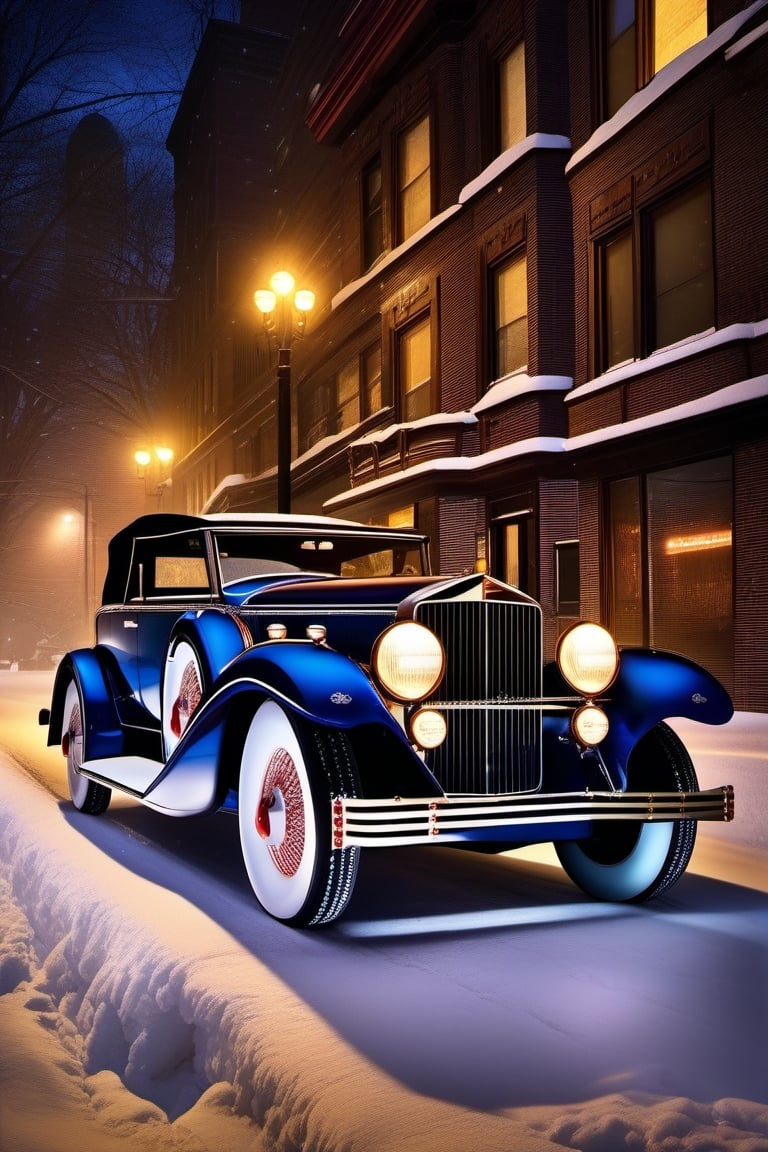 1 car,  1930 Cadillac V16 Madame X Sedan Cabriolet,  
,  parked against the background of a Chicago mafia girls ,  
snowy,  night time, 
 (best quality,  realistic,  photography,  highly detailed,  8K,  HDR,  photorealism,  naturalistic,  realistic,  raw photo),  
H effect,  ,  ,,