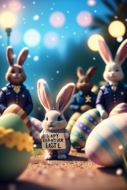 cinematic film still a activist Rabbit rally, protesting against war, 
making a  peace sign, 
holding a sign  text:("10Sor") ,
paws , 
Easter eggs scattered, 
shallow depth of field, 
vignette, highly detailed, high budget, bokeh, cinemascope, moody, epic, gorgeous, film grain, grainy,easter