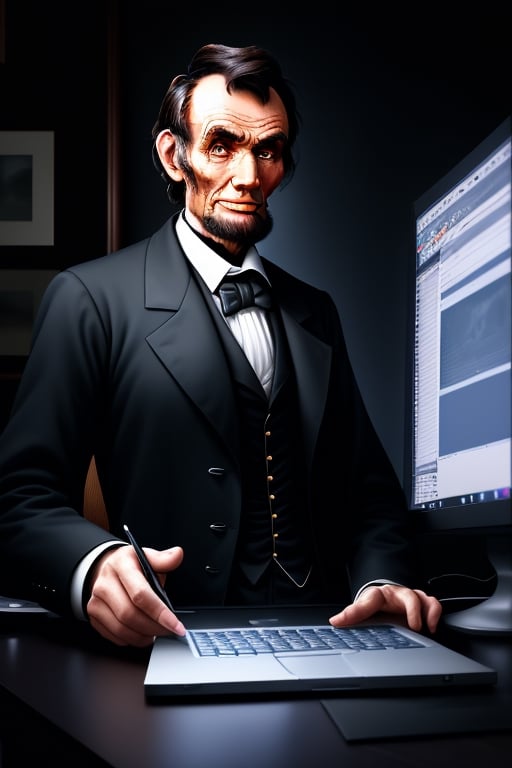 Abraham Lincoln ,
,
UHD, absurdres, 
looking at screen, 
desktop computer, 
Apple laptop, 
dark room, 
lit by screen, 
soft glow, 
(gooning), 
sprial on screen,  ,
photorealistic