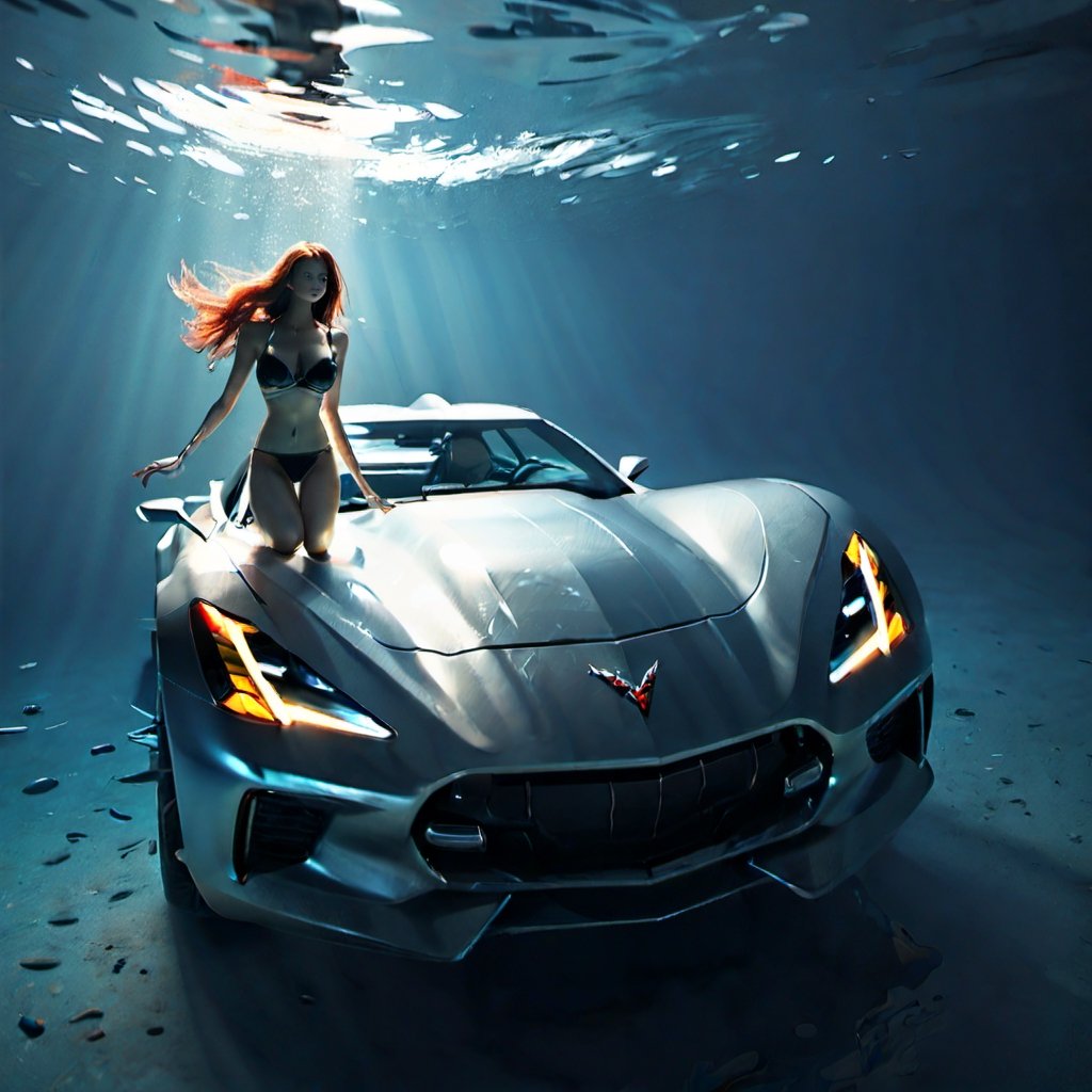 (+18) ,
A sexy woman diver swimming near a Corvette stingray inside a swimming pool under water ,, 

underwater,macro shot,c_car,Concept Cars,booth