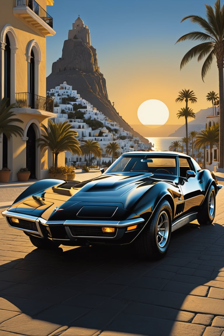 (Cinematic Photo:1.3) of (Ultra detailed:1.3) 1970’s style movie poster of a matte black 1975 corvette stingray classic racing through the Santorini boardwalk with ((King Kong in background)) ,
,
sunlight, noir lighting dynamic angle incredibly detailed sharpen details professional lighting, 
cinematic lighting, action movie aesthetic,(by Artist Alex Ross:1.3),(by Artist Coles Phillips:1.3),(by Artist Jan Urschel:1.3),Highly Detailed,(Digital Art:1.3),(Neo-Expressionism:1.3),(Victorian Gothic Art:1.3),(CineColor:1.3),more detail XL