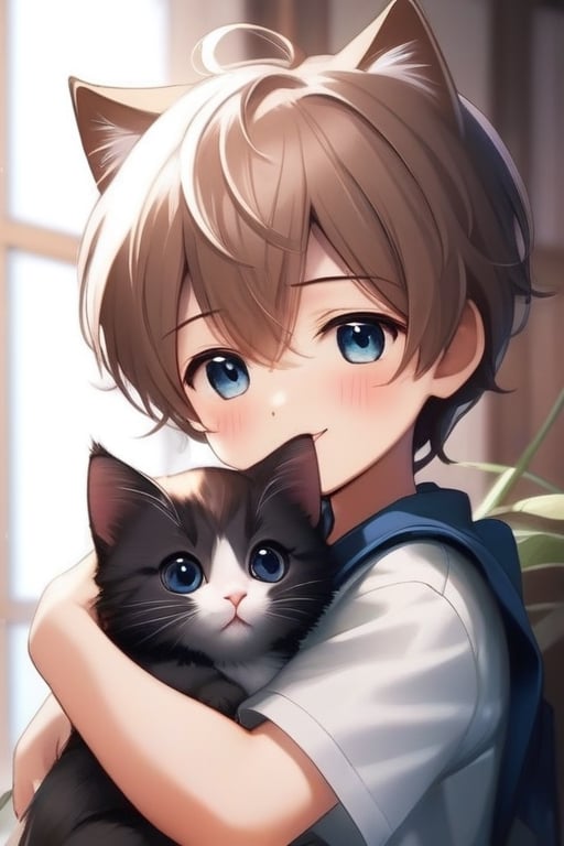 a cute  boy  and his kitten,girl