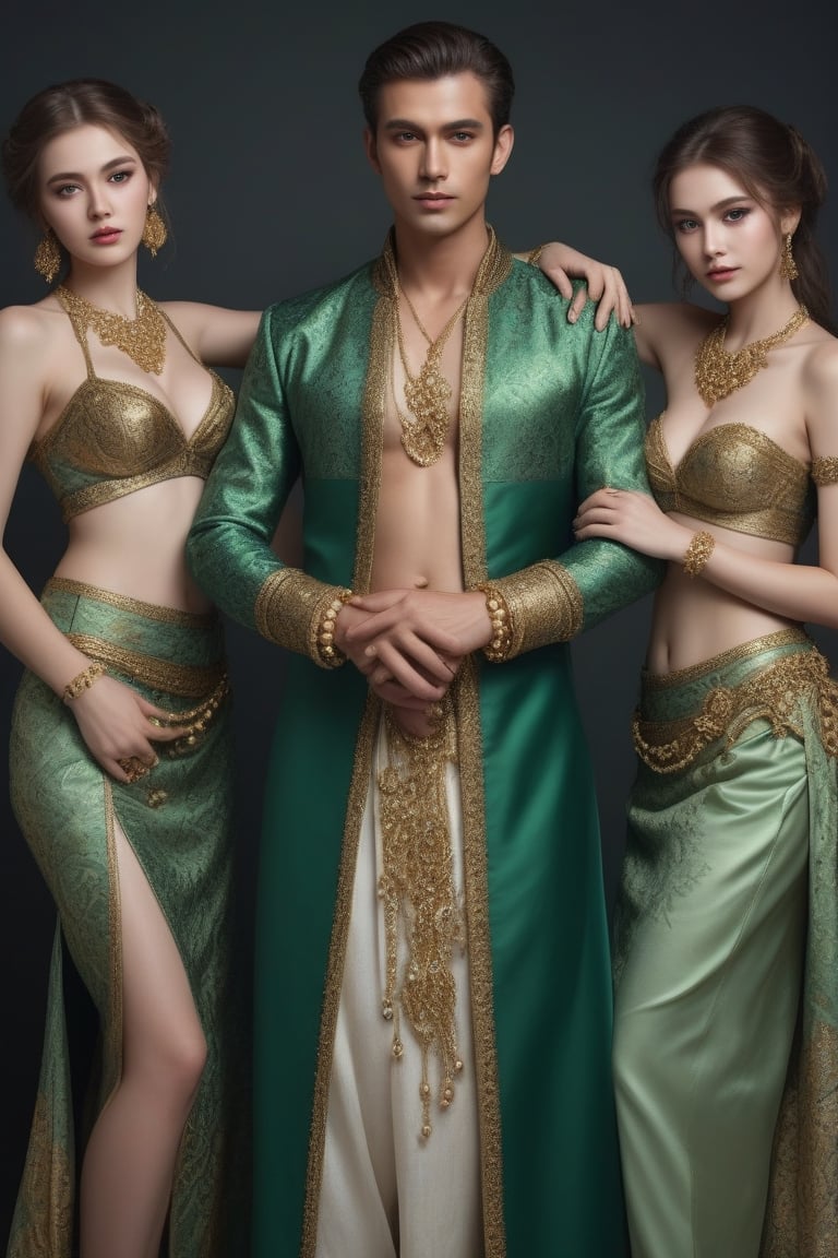 A Beautiful man with beautiful-eyed maidens wearing bracelets of gold and pearl and green garments of fine silk and brocade, cleavage cutout, belly button, side slits, analog photograph, professional fashion photoshoot, hyperrealistic, masterpiece, trending on artstation,krrrsty