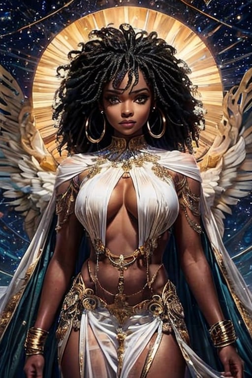 (masterpiece), best quality, highly detailed, celestial, dark brown complexion with golden undertones, afro hair, cloud-like hair, black hair, golden eyes, soft dreamy eyes, eyes like distant setting suns, see through clothes in white with sexy trim, stars, constellations, glitter,