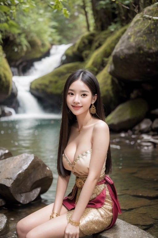 Thai girl 20 years old in red-gold thai dress, cleavage cutout, bely button, armpit showing, smile, sitting near waterfall in background