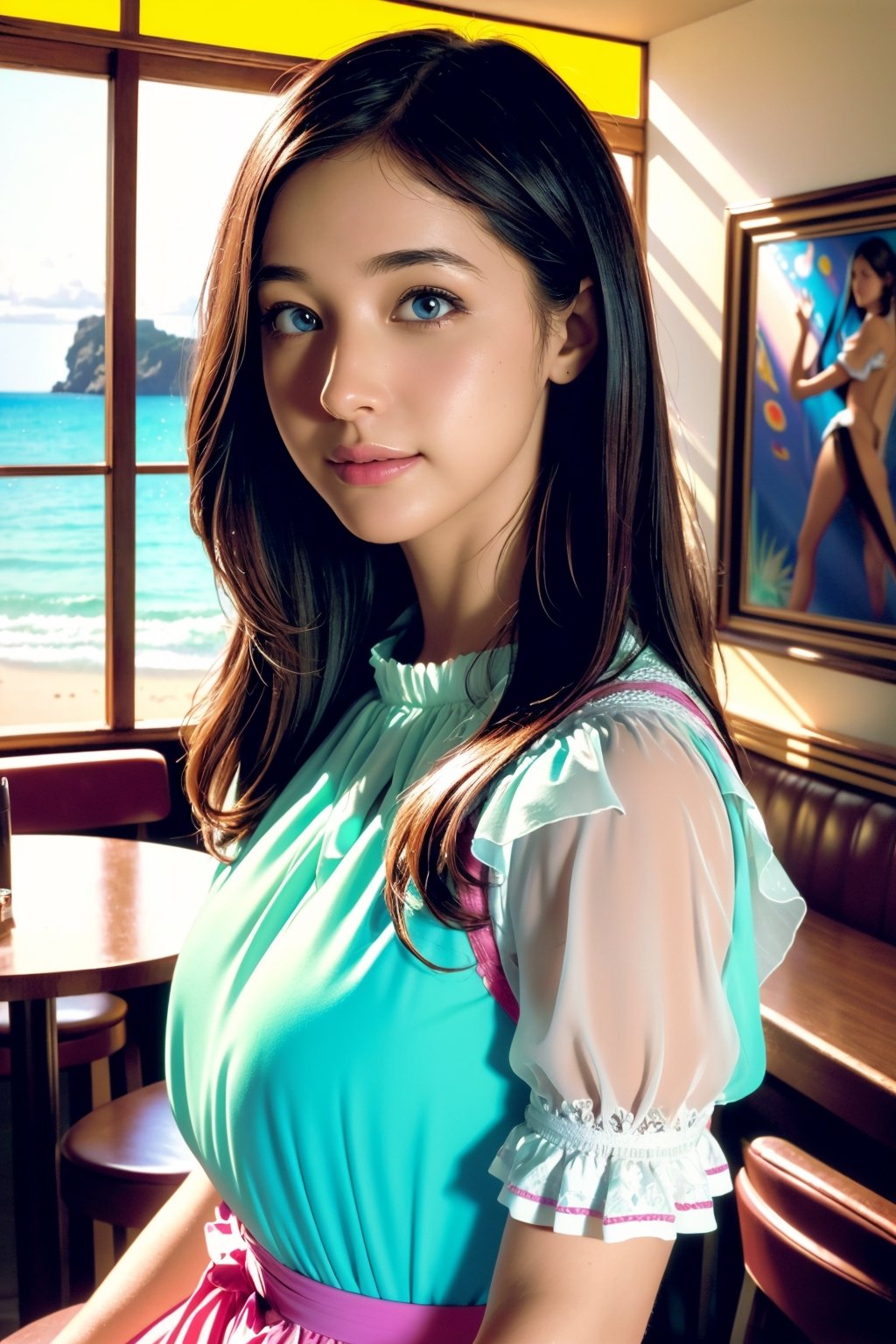 kawaii, (Realistic: 1.2), (illustration: 1.2), (in cafe:1.5), full body, (masterpiece:1.4), (best quality:1.1), high resolution illustration, coloful, intricate details, cinematic light, depth of field, (finely detailed face), (beautiful face:1.3), (extra wide shot:1.3), (white blouse:1.3), ((ultra-detailed hair)), brilliant color, 8K, 16K, UHD, HDR, ultra detailed, perfect light, perfect shadows, David Hockney and Vincent Van Gogh, Blue and orange, Tempera painting, Colorful Shadows, Rounded edges on everything, A view from inside a Florida beach house, ocean, palm trees, moonstone tones, sunset, beautiful ocean, secluded, tropical paradise, correct wave direction toward the beach, cinematic smooth, volumetric lighting, ray tracing, high dynamic range, ultra-realistic, complex detail, atmospheric, maximalist digital matte painting, detailed matte painting, detailed, fantastical, splash screen, complementary colors, fantasy concept art, resolution, centered, divine bright, cinematic smooth, volumetric lighting, creative, surreal hallucinatory intricately detailed sharp focus, professional ominous concept art, an intricate, grunge textures, clean and bold, cinematic composition, golden ratio, pencil and kneaded eraser, sharp focus, ambient occlusion, backface lighting, rim light, pastel colors, sense of depth, trending on zbrush central highly detailed, maximalist digital matte painting, detailed matte painting, fantastical, splash screen, complementary colors, fantasy concept art, centered, symmetry, heavenly sunshine beams, divine bright, sharp focus,DonMD0n7P4n1c