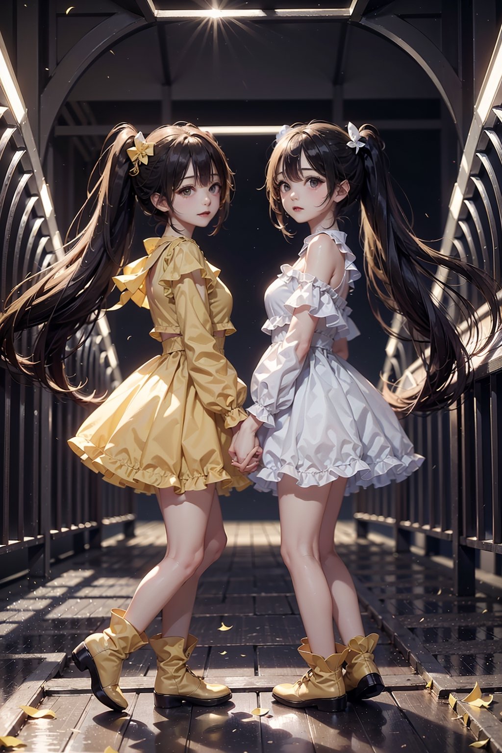 high definition, high quality, detailed face ,high resolution, highly detailed, detailed background, perfect lighting, photorealistic rendering, (8k, 16K, best quality, masterpiece:1.2), (ultra highres:1.0), (HDR:1.4), realistic, cute girl, epic Two girls playing in puddles wearing rain boots. In the center of the puddles, there is a clear reflection of the transparent water surface with bright light reflecting upon it. The girls are dressed in yellow raincoats and wearing boots, allowing them to play in the puddles without getting wet. One of them is an energetic girl with her hair tied up in pigtails, while the other has cute short twin tails. Holding hands, they jump and frolic, creating splashes of water. The weather is fine after the rain, and a vibrant rainbow stretches across the background. The colors of the rainbow harmonize with the girls' smiles, creating a joyful atmosphere, Dark night, wind blowing, stary night, night sky, absurderes, Ultra detailed backgrounds, Calm tones, (Geometry:1.42), (Symmetrical background:1.4), Photograph the whole body, from below, Backlighting of natural light, falling petals, the source of light is the moon light, colorful wear, (adorable difference face:1.4), NATSUMI