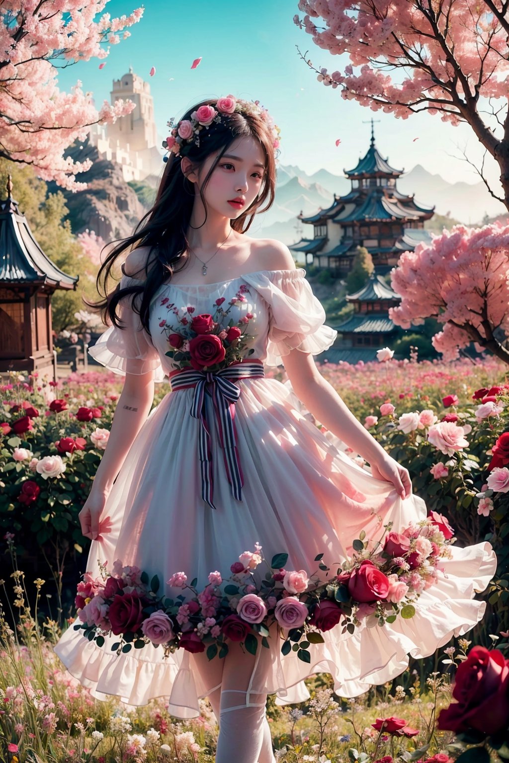 ultra detailed,  (masterpiece,  top quality,  best quality,  official art,  perfect face:1.2),  UHD,(cinematic,  azure and light pink:0.85),  (muted colors,  dim colors),  falling petals,  red roses , happiness, (wearing trendy fashion:1.4), chiffon sheer dress vanilla, (full field roses :1.4), (((hold a teddy bear))), dynamic posing, tree house, park, swing, cute_girl, pastel flowers , lilac, rose, Line art,1girl, Light master