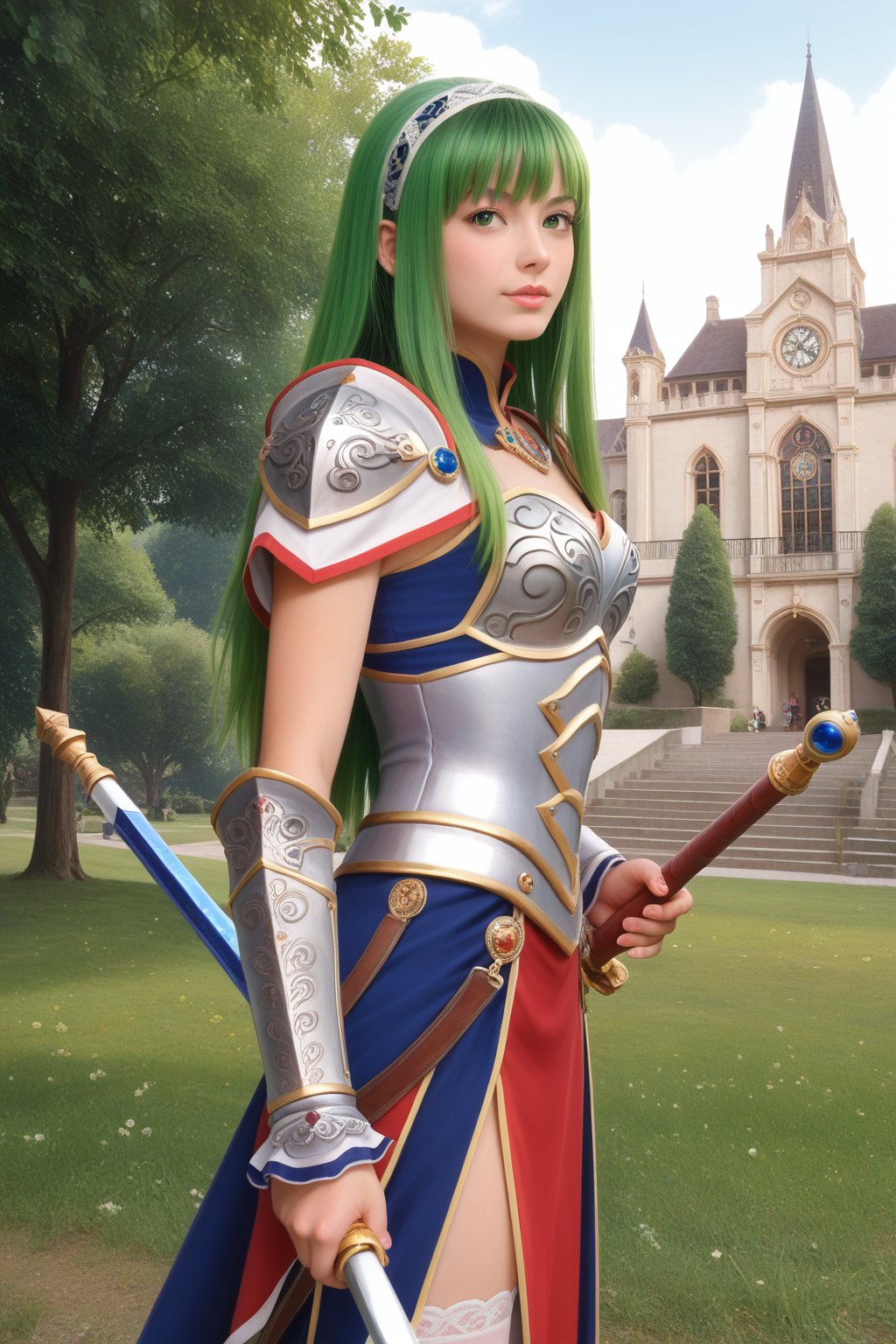 score_9, score_8_up, score_8, masterpiece, official art, ((ultra detailed)), (ultra quality), high quality, perfect face, 1 girl with long hair, blond-green hair with bangs, bronze eyes, detailed face, wearing a fancy ornate (((folk dress))), shoulder armor, armor, glove, hairband, hair accessories, striped, (holding the great weapon :1.7), jewelery, thighhighs, pauldrons, side slit, capelet, vertical stripes, looking at viewer, fantastical and ethereal scenery, daytime, church, grass, flowers. Intricate details, extremely detailed, incredible details, full colored, complex details, hyper maximalist, detailed decoration, detailed lines, best quality, HDR, dynamic lighting, perfect anatomy, realistic, more detail, Architecture, full juicy lips, good teeth, perfect green eyes, (kawaii face), DonMM1y4XL,NelZelpher_SO3,nel zelpher