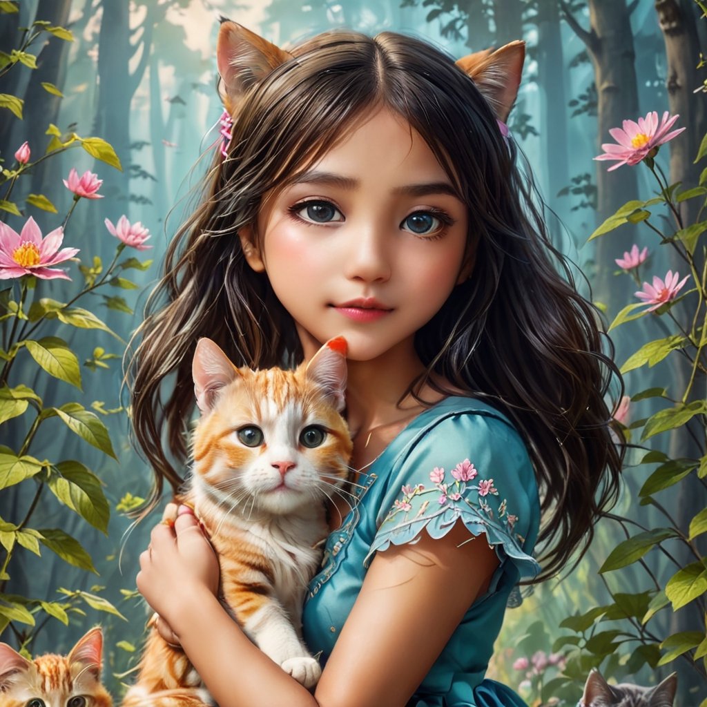 Whimsical folk art picture of a (little girl) and (cat) hugging each other.
,Perfect skin,t4ni4,ADD MORE DETAIL