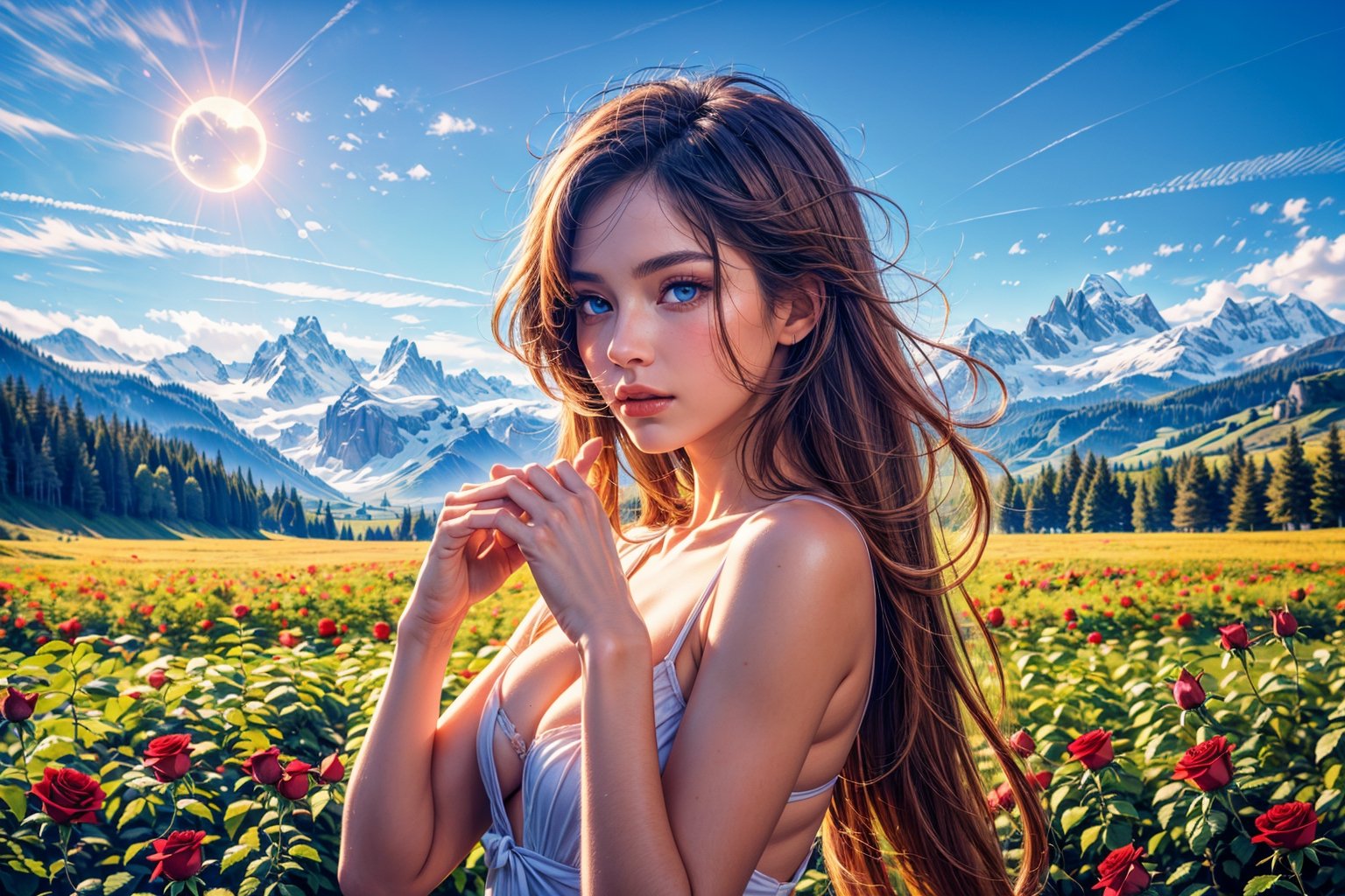 (ultra detailed, ultra highres), (masterpiece, top quality, best quality, official art :1.4), (high quality:1.3), cinematic, (muted colors, dim colors), (perfect eyes, perfect face:1.3), long-lenses photograph, realistic, UHD, 16K, 8K, warm glow, with mountains and valleys, sun and the moon skimpy silhouettes romantically kissing in the sky that is both day wand night , heart, (Roses, flowers :1.3), stunning light, wind is blowing, sharp focus, extremely detailed CG, (perfect hands, perfect fingers, nice hands), photorealistic, (1girl with shiny long hair:1.4), (1boy with short hair style :1.4), ((Couple of the year)),
