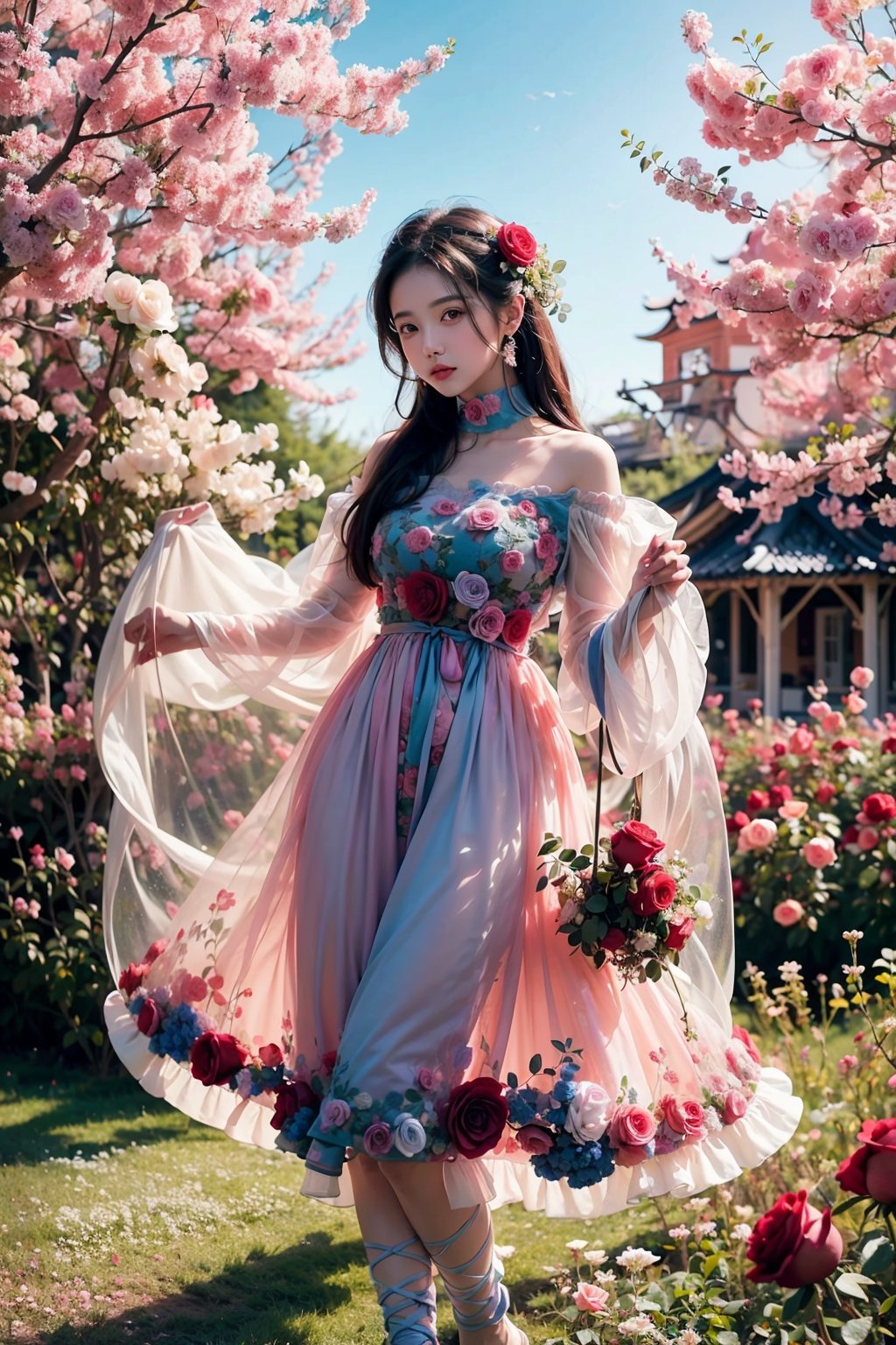 ultra detailed,  (masterpiece,  top quality,  best quality,  official art,  perfect face:1.2),  UHD,(cinematic,  azure and light pink:0.85),  (muted colors,  dim colors),  falling petals,  red roses , happiness, (wearing trendy fashion:1.4), chiffon sheer dress vanilla, (full field roses :1.4), (((hold a teddy bear))), dynamic posing, tree house, park, swing, cute_girl, pastel flowers , lilac, rose, Line art,1girl, Light master