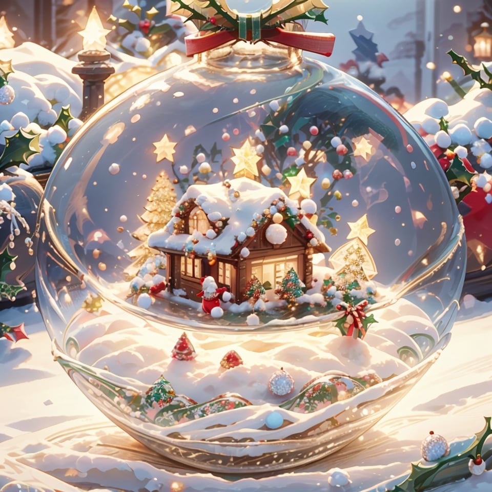 top down shot of a miniature home with garden inside a glass bowl, delicate details, vivid scene, lovely style, cute, sweet, soft atmosphere, (perfect Christmas time:1.4), Microlandscape, Merry Christmas, DonMN30nChr1stGh0sts, porcelain tea cup,Snow,ChocolateBall, StrawberryCake,SaffronBun