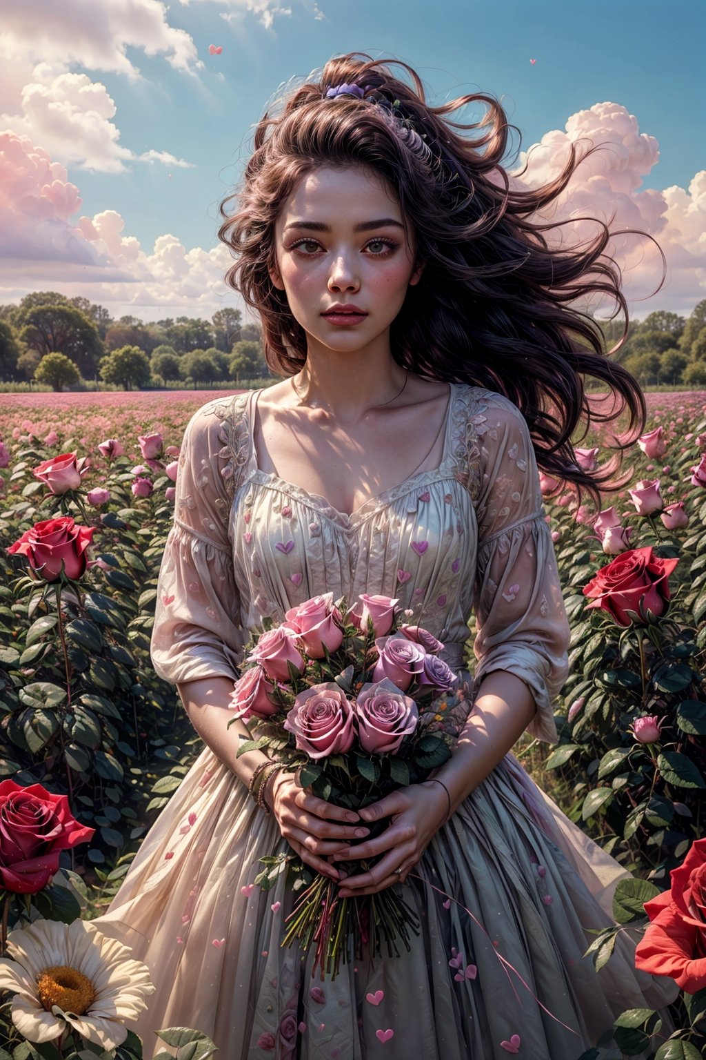 rose in object,  ultra detailed,  (masterpiece,  top quality,  best quality,  official art,  perfect face:1.2),  UHD,(cinematic,  azure and light pink:0.85),  (muted colors,  dim colors),  falling petals, purple roses , multicolor rose, happiness, (action hearts:1.4), (full field roses :1.4) , in Flower recreation Vehicle,motorhome, flowers,rose, 