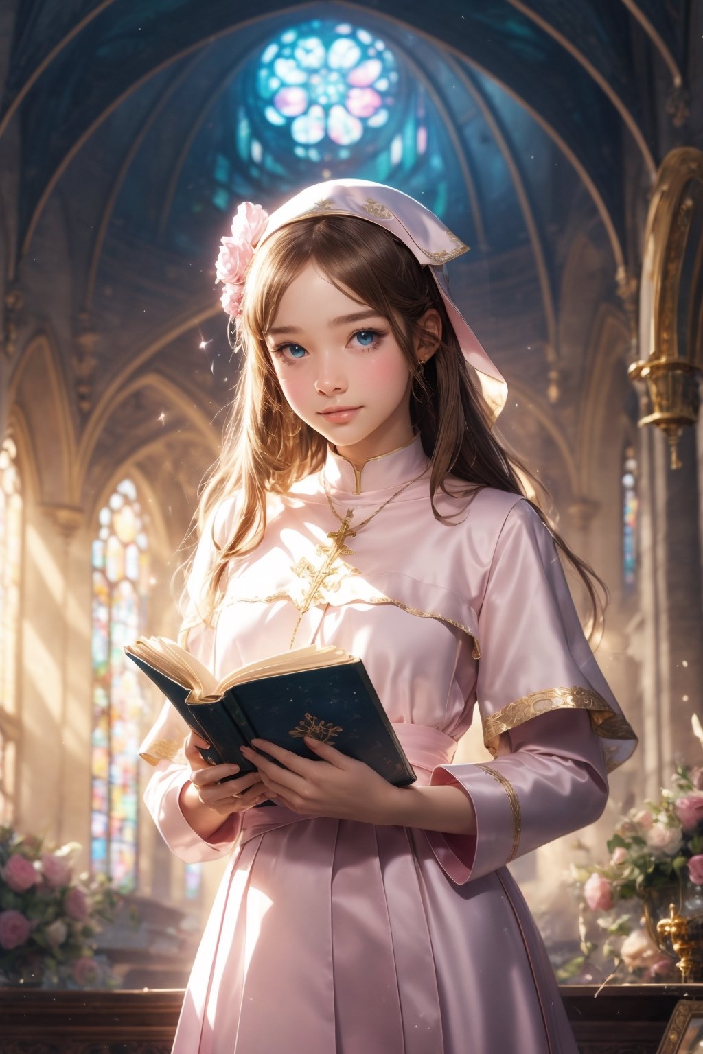 1girl, solo, (masterpiece), (absurdres:1.3), (ultra detailed), HDR, UHD, 16K, ray tracing, vibrant eyes, perfect face, award winning photo, beautiful, shiny skin, (highly detailed), clear face, teenage cute delicate girl, (shy blush:1.1), (high quality, high res, aesthetic:1.1), (dynamic action pose:1.3) ,slightly smile, lens flare, photo quality, big dream eyes, ((perfect eyes, perfect fingers)), iridescent brown hair, vivid color, perfect lighting, perfect shadow, realistic, stunning light, (atmosphere :1.6), nice hands, insane details ,high details ,kawaii, (extra wide shot: 1.8)

(Sharp focus realistic illustration:1.2), a giant glass sphere containing a small ecosystem, surrounded by measurement devices is installed in large-scale factory, a girl Priest stands next to the sphere, divine magic, sacred texts, ceremonial robes, incense, healing spells, blessing rituals, BREAK intricate illustrations, delicate linework, fine details, whimsical patterns, enchanting scenes, dreamy visuals, captivating storytelling, church and stain glass background, messy interior, book, elemental, feature,flower, ((pink gold style)),more detail 