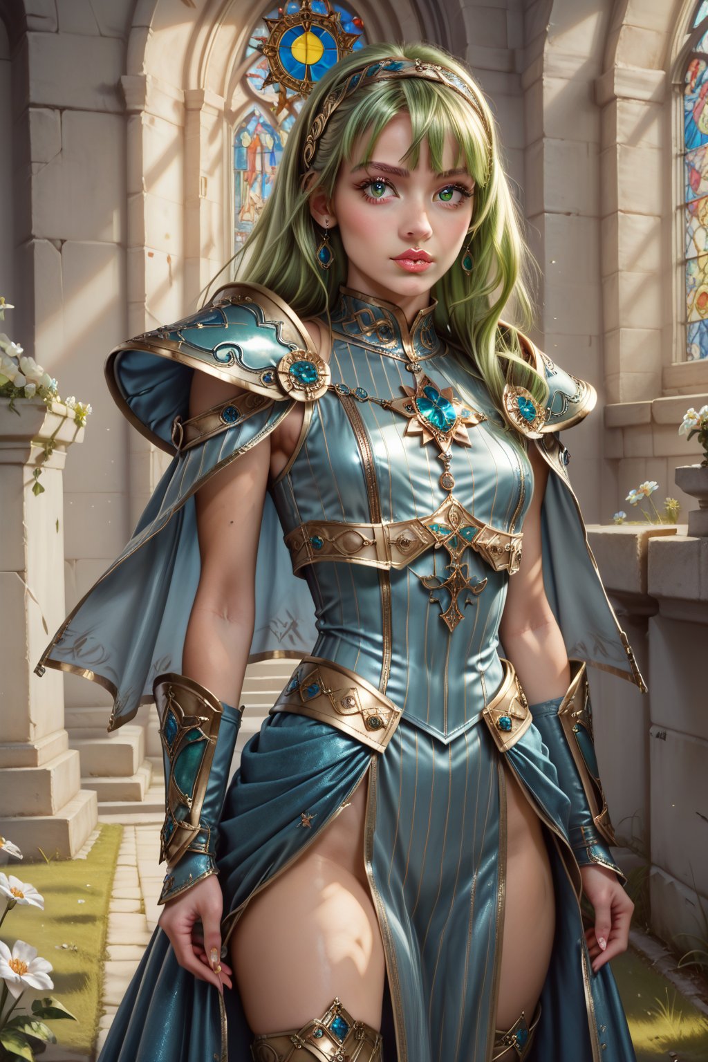 score_9, score_8_up, score_8, masterpiece, official art, ((ultra detailed)), (ultra quality), high quality, perfect face, 1 girl with long hair, blond-green hair with bangs, bronze eyes, detailed face, wearing a fancy ornate (((folk dress))), shoulder armor, armor, glove, hairband, hair accessories, striped, holding the great weapon, jewelery, thighhighs, pauldrons, side slit, capelet, vertical stripes, looking at viewer, fantastical and ethereal scenery, daytime, church, grass, flowers. Intricate details, extremely detailed, incredible details, full colored, complex details, hyper maximalist, detailed decoration, detailed lines, best quality, HDR, dynamic lighting, perfect anatomy, realistic, more detail, Architectur , full juicy lips, perfect green eyes, (soft cute face)