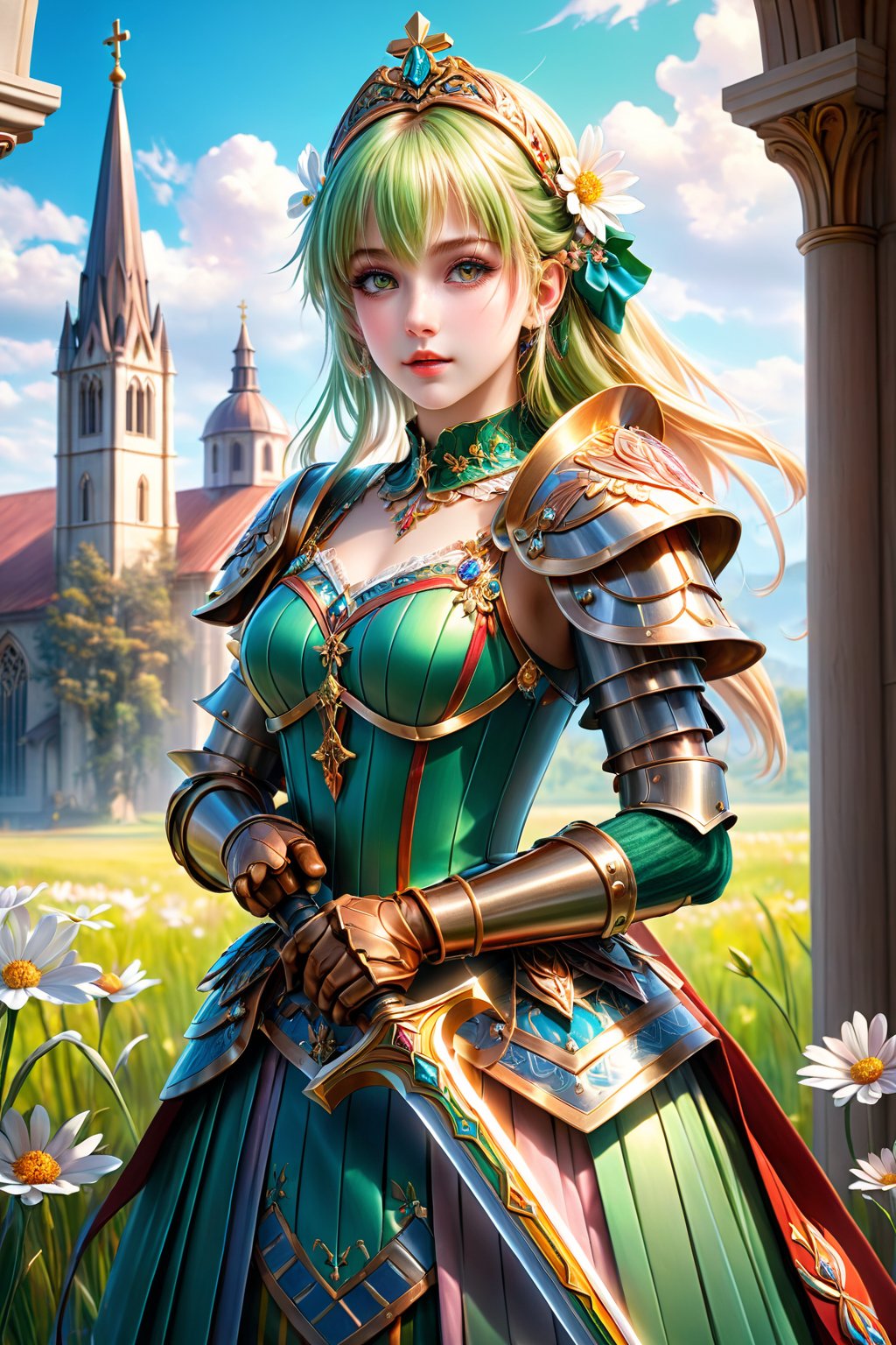 (masterpiece), (absurdres:1.3), (ultra detailed), HDR, UHD, 16K, ray tracing, vibrant eyes, perfect face, award winning photo, 1 girl with long hair, blond-green hair with bangs, bronze eyes, detailed face, wearing a fancy ornate (((folk dress))), shoulder armor, armor, glove, hairband, hair accessories, striped, (holding the great weapon:1.7), jewelery, thighhighs, pauldrons, side slit, capelet, vertical stripes, looking at viewer, fantastical and ethereal scenery, daytime, church, grass, flowers. Intricate details, extremely detailed, incredible details, full colored, complex details, hyper maximalist, detailed decoration, detailed lines, best quality, dynamic lighting, perfect anatomy, realistic, more detail, ,Architect, shiny skin, (shy blush:1.1), (dynamic action pose:1.3) ,slightly smile, lens flare, photo quality, big dream eyes, ((perfect eyes, perfect fingers)) ,kawaii, (Sharp focus realistic illustration:1.2), adorable,