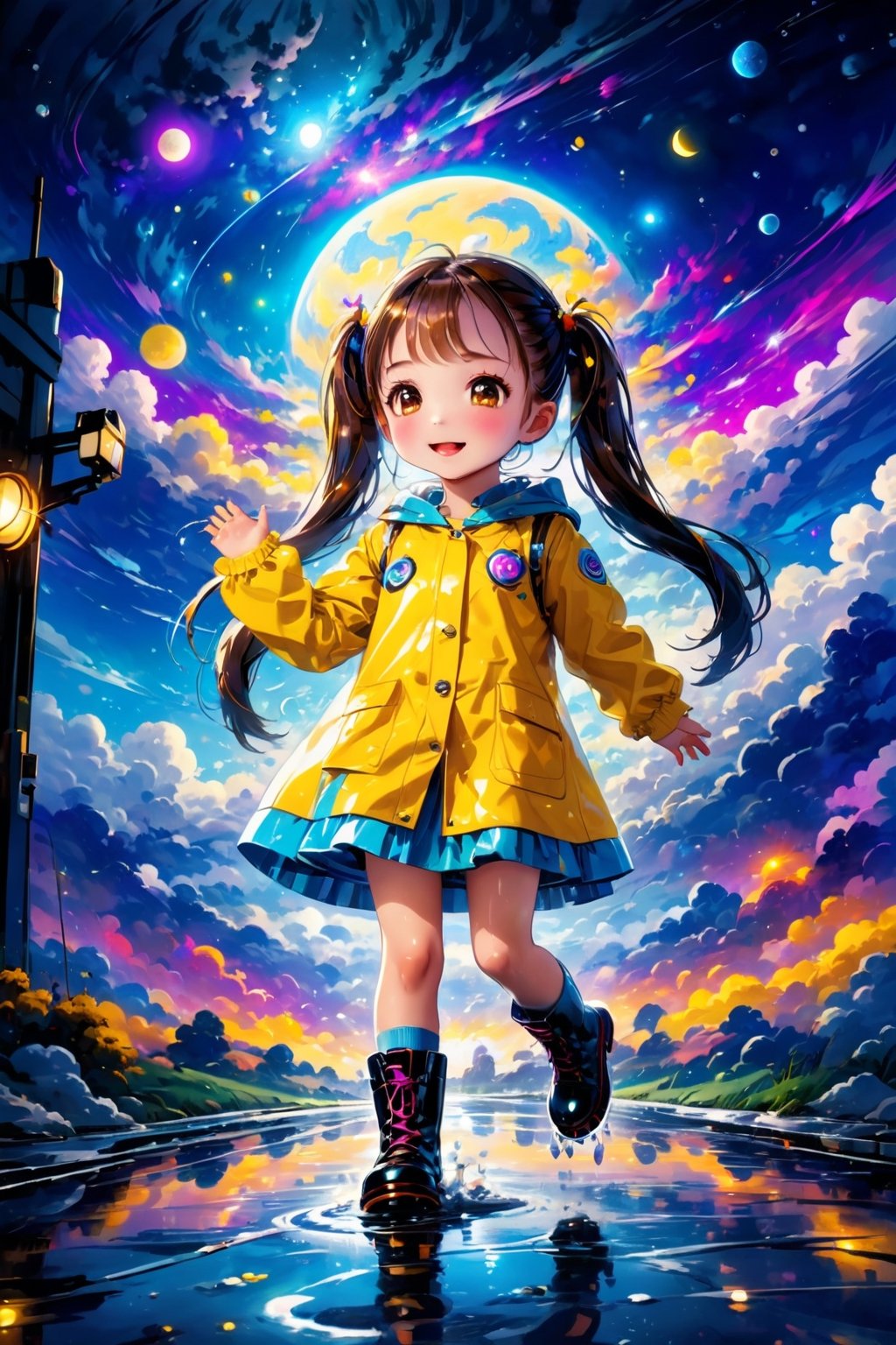 ultra detailed, (masterpiece, top quality, best quality, official art, beautiful and aesthetic:1.2),  Two girls playing in puddles wearing rain boots. In the center of the puddles,  there is a clear reflection of the transparent water surface with bright light reflecting upon it. The girls are dressed in yellow raincoats and wearing boots,  allowing them to play in the puddles without getting wet. One of them is an energetic girl with her hair tied up in pigtails,  while the other has cute short twin tails. Holding hands,  they jump and frolic,  creating splashes of water. The weather is fine after the rain,  and a vibrant rainbow stretches across the background,  creating a joyful atmosphere,  Dark night,  wind blowing,  stary night,  night sky,  absurderes,  high resolution,  Ultra detailed backgrounds,  highly detailed hair,  Calm tones,  (Geometry:1.42),  (Symmetrical background:1.4),  Photograph the whole body,  from below,  Backlighting of natural light,  falling petals,  the source of light is the moon light,  colorful wear,  (adorable difference face:1.4), (sharp focus:1.3), cyberpunk style