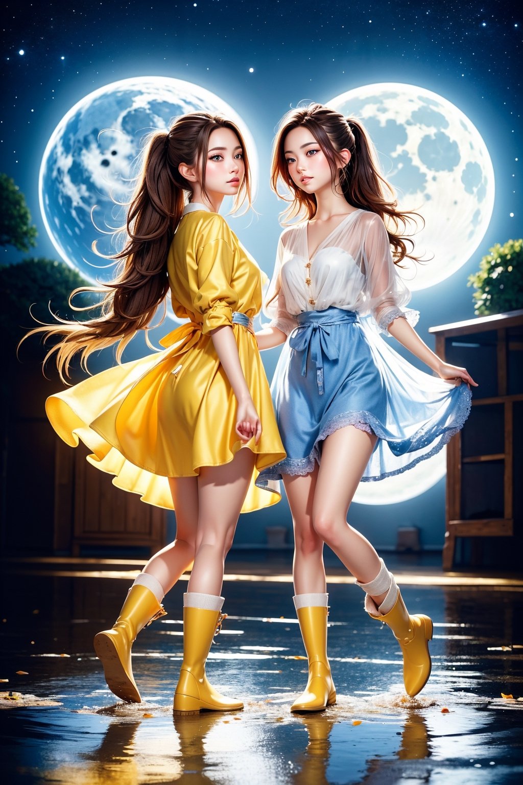 Beautiful girl, (extremely detailed background 1.4), Two girls playing in puddles wearing rain boots. In the center of the puddles,  there is a clear reflection of the transparent water surface with bright light reflecting upon it. The girls are dressed in yellow raincoats and wearing boots,  allowing them to play in the puddles without getting wet. One of them is an energetic girl with her hair tied up in pigtails,  while the other has cute short twin tails. Holding hands,  they jump and frolic, creating splashes of water. The weather is fine after the rain,  and a vibrant rainbow stretches across the background, creating a joyful atmosphere, Dark night, wind blowing,  stary night,  night sky, absurderes,  high resolution,  Ultra detailed backgrounds,  highly detailed hair, Calm tones,  (Geometry:1.42),  (Symmetrical background:1.4), Photograph the whole body , from below, Backlighting of natural light, falling petals, 
the source of light is the moon light, colorful wear,  (adorable difference face:1.4), (best quality, masterpiece:1.4, beautiful and aesthetic), 8K, (HDR:1.4),1 line drawing,Wonder of Art and Beauty,SGBB