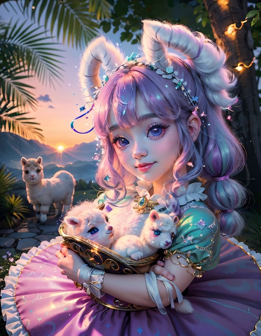 (masterpiece, best quality), (absurdres:1.3), (ultra detailed, ultra highres:1.1), 8K, UHD, realistic,photorealistic:1.37 ,beautiful detailed eyes,beautiful detailed lips , (classical lolita costume:1.5), slightly smile, (((with cute baby alpaca))) , magical aura, whimsical, colorful sunshine ,rays of sunlight peeping through the trees,soft dappled light,peaceful atmosphere,magical creatures,playing alpaca, sparkling fairy dust,soft glow,x,y,z style painting,blending colors,vibrant hues,dreamlike scenery,Realism, (sparkling eyes:1.3), art by Jean-Gabriel Domergue, a cute teenage, 1girl, (15yo, child face), a ultra hd detailed painting, Jean-Baptiste Monge style, bright, beautiful, splash, Glittering, filigree, rim lighting, extremely fluffy, magic, surreal, fantasy, digital art, by wlop, by artgerm, (junji ito style:1.3) , (Andrei Belichenko style:1.3), (extra wide shot:1.6), smooth skin, mgln,cryptids,realism