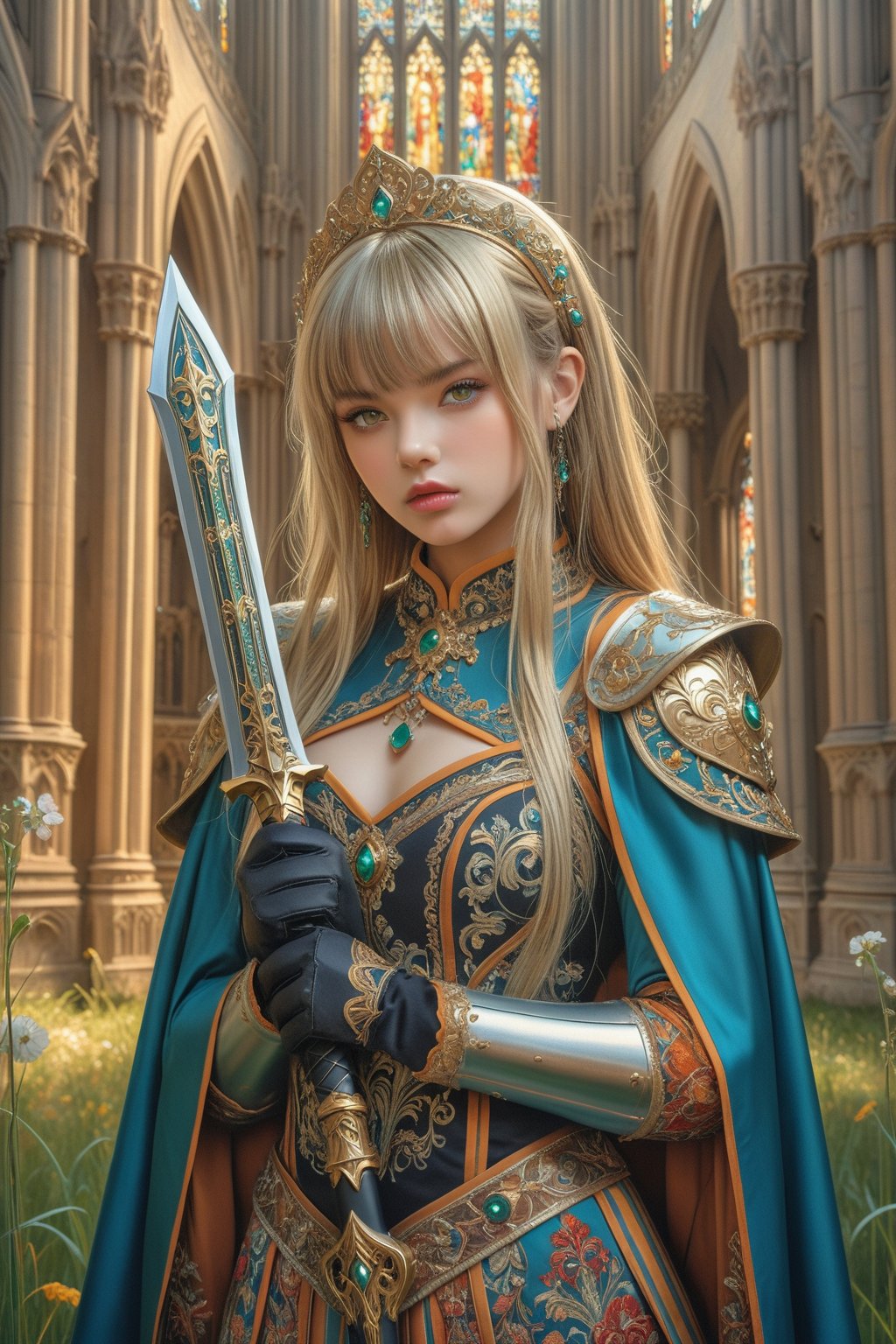 masterpiece, official art, ((ultra detailed)), (ultra quality), high quality, perfect face, 1 girl with long hair, blond-green hair with bangs, bronze eyes, detailed face, wearing a fancy ornate (((folk dress))), shoulder armor, armor, glove, hairband, hair accessories, striped, (holding the great weapon:1.7), jewelery, thighhighs, pauldrons, side slit, capelet, vertical stripes, looking at viewer, fantastical and ethereal scenery, daytime, church, grass, flowers. Intricate details, extremely detailed, incredible details, full colored, complex details, hyper maximalist, detailed decoration, detailed lines, best quality, HDR, dynamic lighting, perfect anatomy, realistic, more detail,
,Architectural100,style