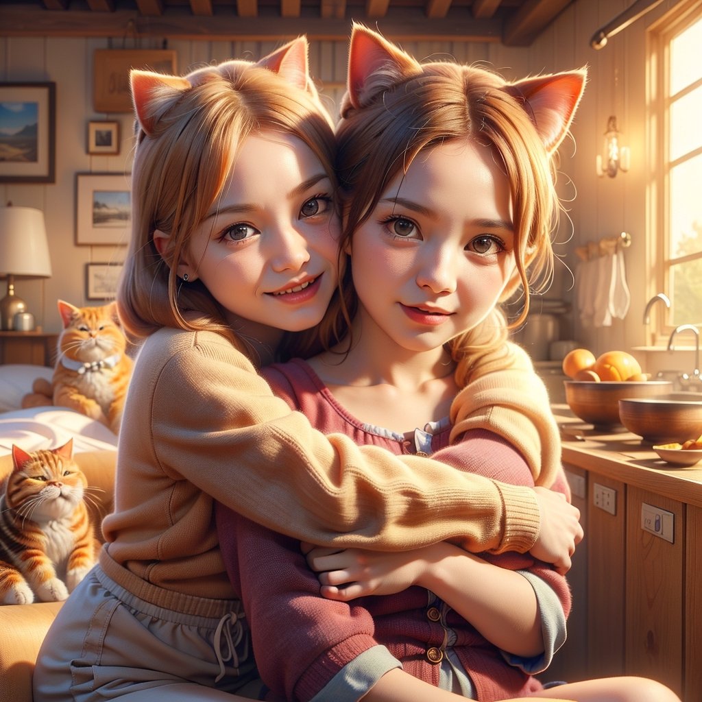 Whimsical folk art picture of a (little girl) and (cat) hugging each other.
,Perfect skin,
(masterpiece,more detail:1.1), (best quality:1.3), 
,photorealistic