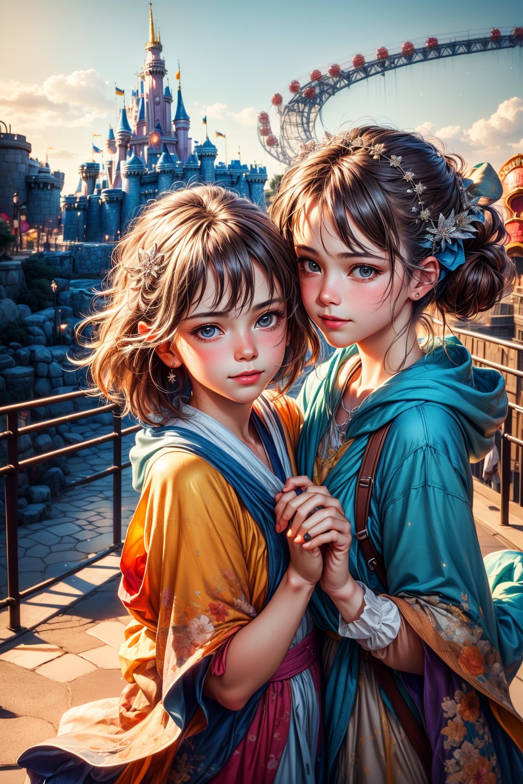 (best quality), (extremely detailed CG unity 8k wallpaper:1.1), (colorful:0.9),(panorama shot:1.4),upper body,looking at viewer,from above, 2 girls hugging each other, 15yo, cartoon cosplay, (Disney land Tokyo :1.4), fun,smile, happiness, Nature, colorful, exposure blend, medium shot, bokeh, high contrast, (muted colors, dim colors, soothing tones:1.3), low saturation, Adorable cloth, shiny, (high quality:1.3), (masterpiece, best quality:1.4), (ultra detailed, 8K, 4K, ultra highres), (Beautifully Detailed Face and Fingers), (Five Fingers) Each Hand, nice hands, (perfect fingers, perfect hands :1.3), sharp focus, professional dslr photo, (Photorealistic:1.4), UHD, HDR, volumetric fx, (((intricate details))), extremely detailed CG, cinematic photo, perfect photography, professional, perfect sky, shiny, glitter, gradient color all fluentcolor, colorful, (professional photograpy:1.1),