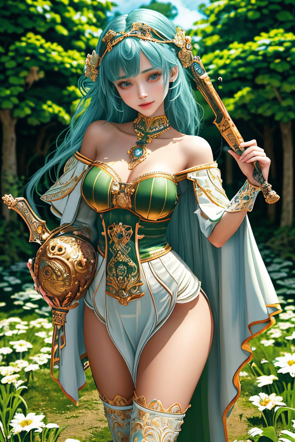 (masterpiece), (absurdres:1.3), (ultra detailed), HDR, UHD, 16K, ray tracing, vibrant eyes, perfect face, award winning photo, 1 girl with long hair, blond-green hair with bangs, bronze eyes, detailed face, wearing a fancy ornate (((folk dress))), shoulder armor, armor, glove, hairband, hair accessories, striped, (holding the great weapon:1.7), jewelery, thighhighs, pauldrons, side slit, capelet, vertical stripes, looking at viewer, fantastical and ethereal scenery, daytime, church, grass, flowers. Intricate details, extremely detailed, incredible details, full colored, complex details, hyper maximalist, detailed decoration, detailed lines, best quality, dynamic lighting, perfect anatomy, realistic, more detail, ,Architect, shiny skin, (shy blush:1.1), (dynamic action pose:1.3) ,slightly smile, lens flare, photo quality, big dream eyes, ((perfect eyes, perfect fingers)) ,kawaii, (Sharp focus realistic illustration:1.2), holding stuff, ,candystyle