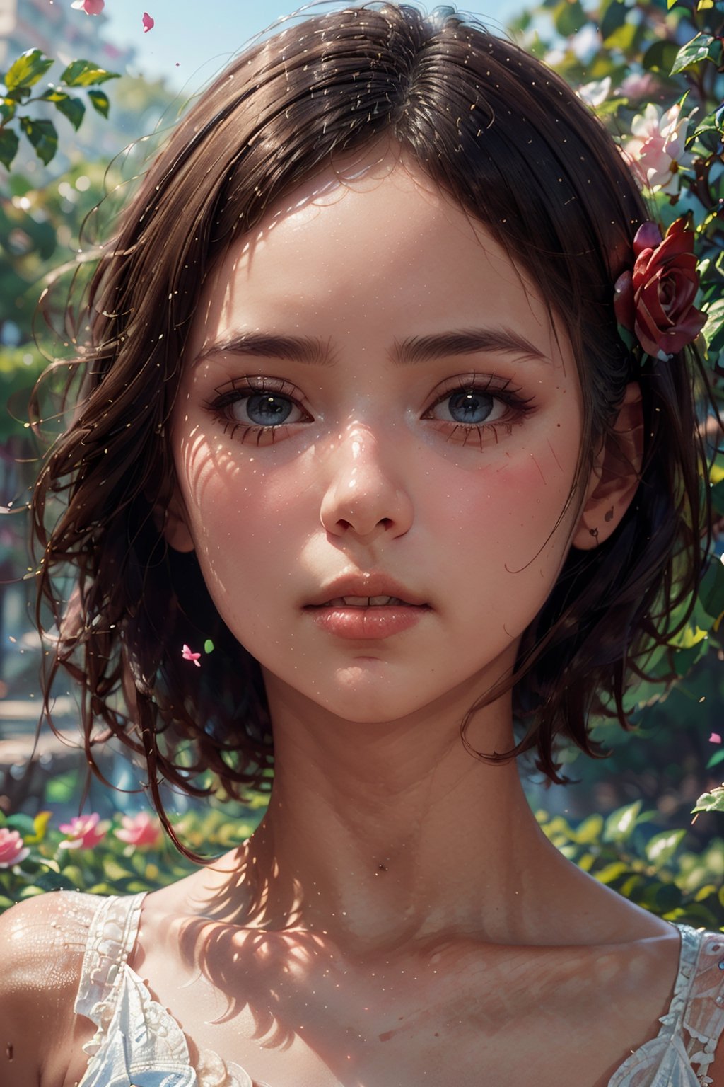 (masterpiece:1.05) (picturesque:1.05) (((extremely detailed CG unity 8k wallpaper))), too many flowers, 13 years old 1girl, from below, gloating, cute face, shy skin, sick face, pretty eyes, (hair ornament:1.5), sitting, ((blonde hair)), ((blue eyes)), ((closed mouth)), ((one girl all over the screen)), (((portrait, extra wide shot))), waterfall, (pillar of bridge), fairy tale, fancy, wind, sparkle, light rays lens flare light particles, hyper detailed, high detail, exquisite detail, cinematic lighting, sharp focus, bokeh highlight, post-processing, Inpaint at full resolution, (realistic: 1.4), (illustration: 1.2), Angelonia, Rich red dress with lots of lace and frills, ((fluttering petals)), rose vines, extra wide shot, 