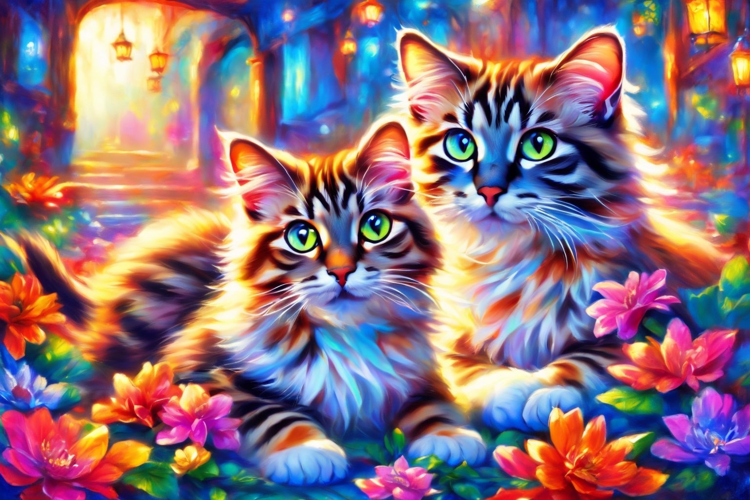 (best quality,ultra-detailed,cute animals,vivid colors,soft lighting,digital illustration,fluffy fur,playful expressions,adorable poses,dreamy atmosphere,colorful surroundings), (art by Makoto :1.5), digital art, child, cute cat, 16K, cool wallpaper, things, flowers,hybrid