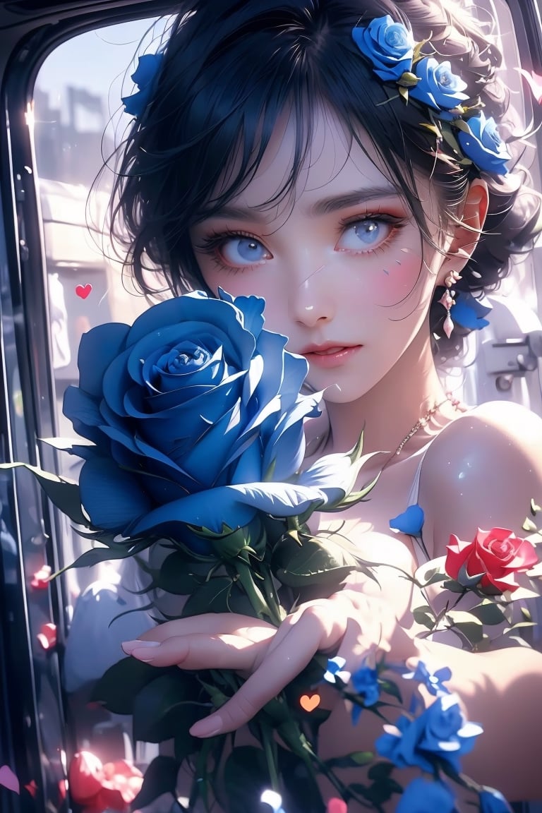rose in object, ultra detailed, (masterpiece, top quality, best quality, official art, perfect face:1.2), UHD, (cinematic, azure and light pink:0.85), (muted colors, dim colors), falling petals, purple roses, multicolor rose, happiness, (action hearts:1.4), (full field roses :1.4), (blue rose in recreation Vehicle: 1.5), flowers, rose,Nature,Exquisite face,focuseyes,sks