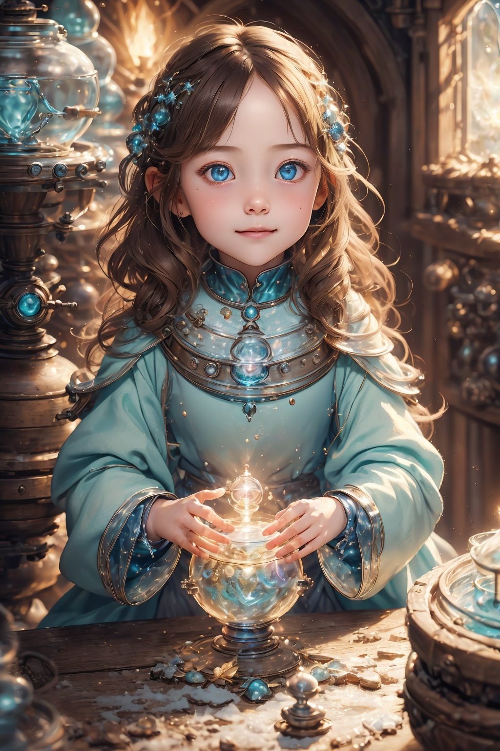 ((1girl, 6year old girl:1.5)),loli, petite girl, beautiful shining body, bangs,((darkbrown hair:1.3)),(aquamarine eyes), (perfect face),  top quality,  (official art :1.2),  (HDR:1.4),  UHD,  (beautiful and aesthetic:1.2),  high definition,  high quality,  detailed face,  high resolution,  highly detailed,  extremely detailed background,  (ultra detailed),  perfect lighting,  (photorealistic :1.37),  (8k, 16K,  best quality,  masterpiece:1.2),  (ultra highres:1.0), realistic,  epic, 1girl, really cute young ginger girls' smiles, creating a joyful atmosphere, potion mistress, magic, (lots of colorful potions :1.3), glowy smoke, tetradic colors, bubly, (detailed alchemist room:1.6), volumetric lights,  very detailed potions and alchemy laboratory scenery,  colorful,  dynamic,  visually rich,  whimsical,  fairy tale, 
(long hair,  cute hairstyle:1.5), absurdres,  (cinematic shot:1.4),  (muted colors,  dim colors,  soothing tones:1.3) ,dynamic angle, wide shot, the source of light is the moon light,happiness,  (perfect hands,  perfect fingers :1.4),  big dream eyes, (perfect body:1.4), glasstech, Realistic, (atelier style:1.3), Sect,1girl,ice