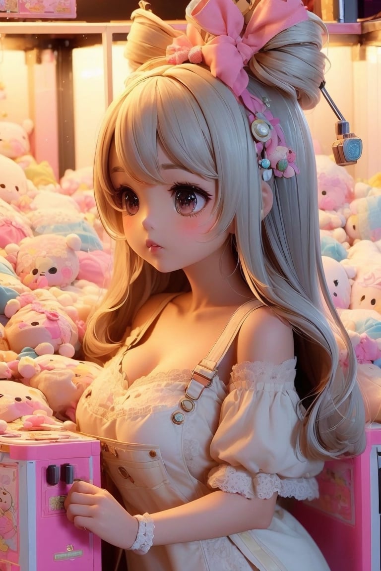 1girl, best quality, ultra-detailed, (((masterpiece))), (((best quality))), extremely detailed, ((claw machine)), ((claw is clamping a doll box up)), hand on bottom panel, control joystick and press button with hand, cleavage, big tits, ribbon, beige lace overalls, black updo longhair, shy, blush, petite figure proportion, claw machine, Glittering, cute and adorable, (perfect lighting, perfect shadow), wide shot, dreamlike scenery, Realism, blending colors,vibrant hues, amazing photo, wearing dress pretty ruffle, cute shoe, hug pillow heart, holding cute doll, Chibi, chibi,UFOCatcher