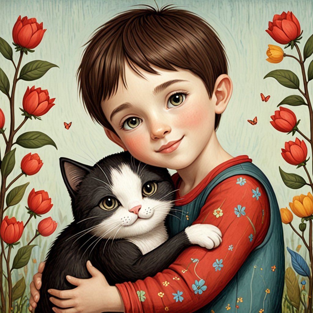 Whimsical folk art picture of a (little sweet boy) and (cat) hugging each other.
,Perfect skin