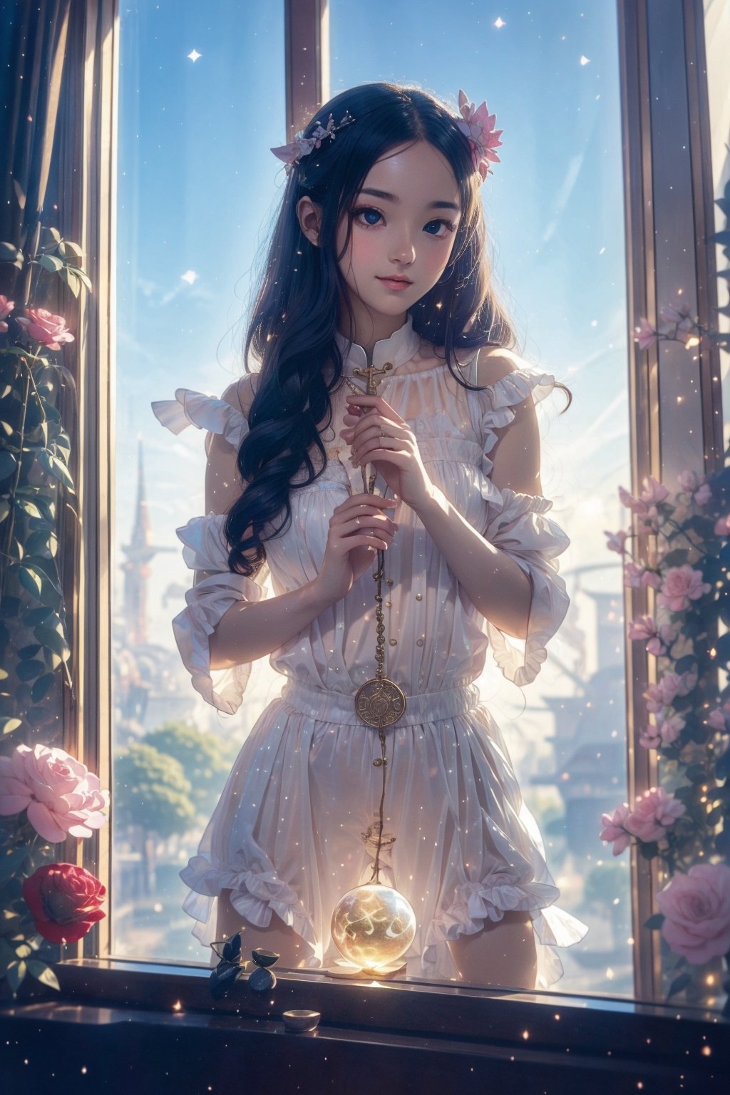 1girl, solo, (masterpiece), (absurdres:1.3), (ultra detailed), HDR, UHD, 16K, ray tracing, vibrant eyes, perfect face, award winning photo, beautiful, shiny skin, (highly detailed), clear face, teenage cute delicate girl, (shy blush:1.1), (high quality, high res, aesthetic:1.1), (dynamic action pose:1.3) ,slightly smile, lens flare, photo quality, big dream eyes, ((perfect eyes, perfect fingers)), iridescent brown hair, vivid color, perfect lighting, perfect shadow, realistic, stunning light, (atmosphere :1.6), nice hands, insane details ,high details ,kawaii, (extra wide shot: 1.8)

(Sharp focus realistic illustration:1.2), a giant glass sphere containing a small ecosystem, surrounded by measurement devices is installed in large-scale factory, a girl Priest stands next to the sphere, divine magic, sacred texts, ceremonial robes, incense, healing spells, blessing rituals, BREAK intricate illustrations, delicate linework, fine details, whimsical patterns, enchanting scenes, dreamy visuals, captivating storytelling, church and stain glass background, messy interior, book, elemental, feature,Alouette_La_Pucelle,emilia (re:zero),flower, ((pink gold style)),Add more details,kaori shirasaki,More Detail
