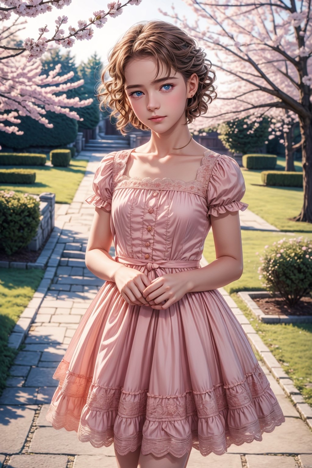 (ultra detailed, ultra highres), (masterpiece, top quality, best quality, official art :1.4), (high quality:1.3), (1 boy, 1 girl :1.6), cinematic, (muted colors, dim colors), (perfect eyes, perfect face:1.3), long-lenses photograph, realistic, UHD, 16K, 8K, warm glow, extremely detailed CG, (perfect hands, perfect fingers, nice hands), photorealistic, perfect shadow, perfect lighting, a noble little girl wearing a pink dress and a daisy tiptoes towards a boy with curly hair, reaching out a delicate rose in a thornless stem, standing on cobblestone pavement, under a cloudless sky, with a row of blooming cherry blossom trees in the background, captured with a Canon EOS 5D Mark IV camera, 50mm lens, medium shot focusing on the girl’s tender gesture, in a style reminiscent of a romantic oil painting by Thomas Kinkade,