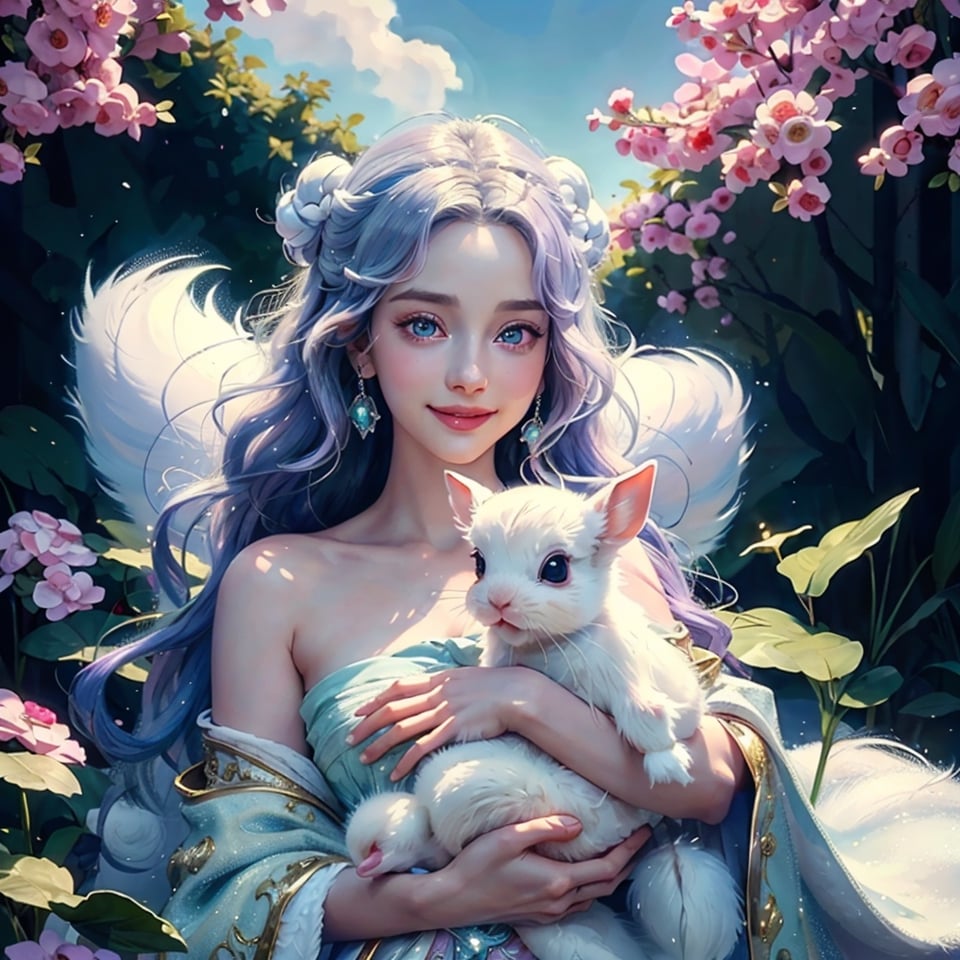 (Arielfstyle:1.0),  Retro Ghibli scene,  Light dream,  smile,  healing, digital Painting,  Realism,  Wonderful of Art and Beauty,  Fairyland like scenery, personification a super cute white fairy rabbitbaby,  holding the jade Ruyi,  flies,  wears an elegant cloak,  a sweet smile,  white fur,  bright big eyes,  and a fluffy tail,  with clouds floating gently,  Extremely detailed 3D cg,  super lifelike,  super detailed,  luxury,  movie lighting,  super clear details,  super clear materials,  close-up,  complex textures,  octane rendering,  Zbrush,  8K,  VRAY super lifelike 14247,  closeup,  luisap,  (best quality,  4k,  8k,  highres,  masterpiece:1.5),  ultra-detailed,  (realistic:1.2),  (Adorable:1.3),  1girl,  pixar style,  Young beauty spirit,  fairy,  gem,  light purple eyes, EpicArt,Realism,Enhance,EpicArt