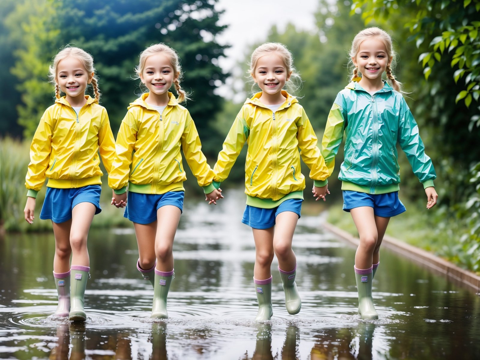 ultra-detailed,realistic, (photorealistic:1.37), beautifully lit,cinematic lighting,ray tracing,3d,3d render, Two girls playing in puddles wearing rain boots. In the center of the puddles,  there is a clear reflection of the transparent water surface with bright light reflecting upon it. The girls are dressed in yellow raincoats and wearing boots,  allowing them to play in the puddles without getting wet. One of them is an energetic girl with her hair tied up in pigtails,  while the other has cute short twin tails. Holding hands,  they jump and frolic,  creating splashes of water. The weather is fine after the rain,  and a vibrant rainbow stretches across the background. The colors of the rainbow harmonize with the girls' smiles,  creating a joyful atmosphere,  colorful wear,  (adorable difference face:1.4),  colorful,  (photo-realisitc),  night background,  exposure blend,  medium shot,  bokeh,  (hdr:1.4),  high contrast,  (cinematic,  teal and green:0.85),  (muted colors,  dim colors,  soothing tones:1.3),  low saturation, 