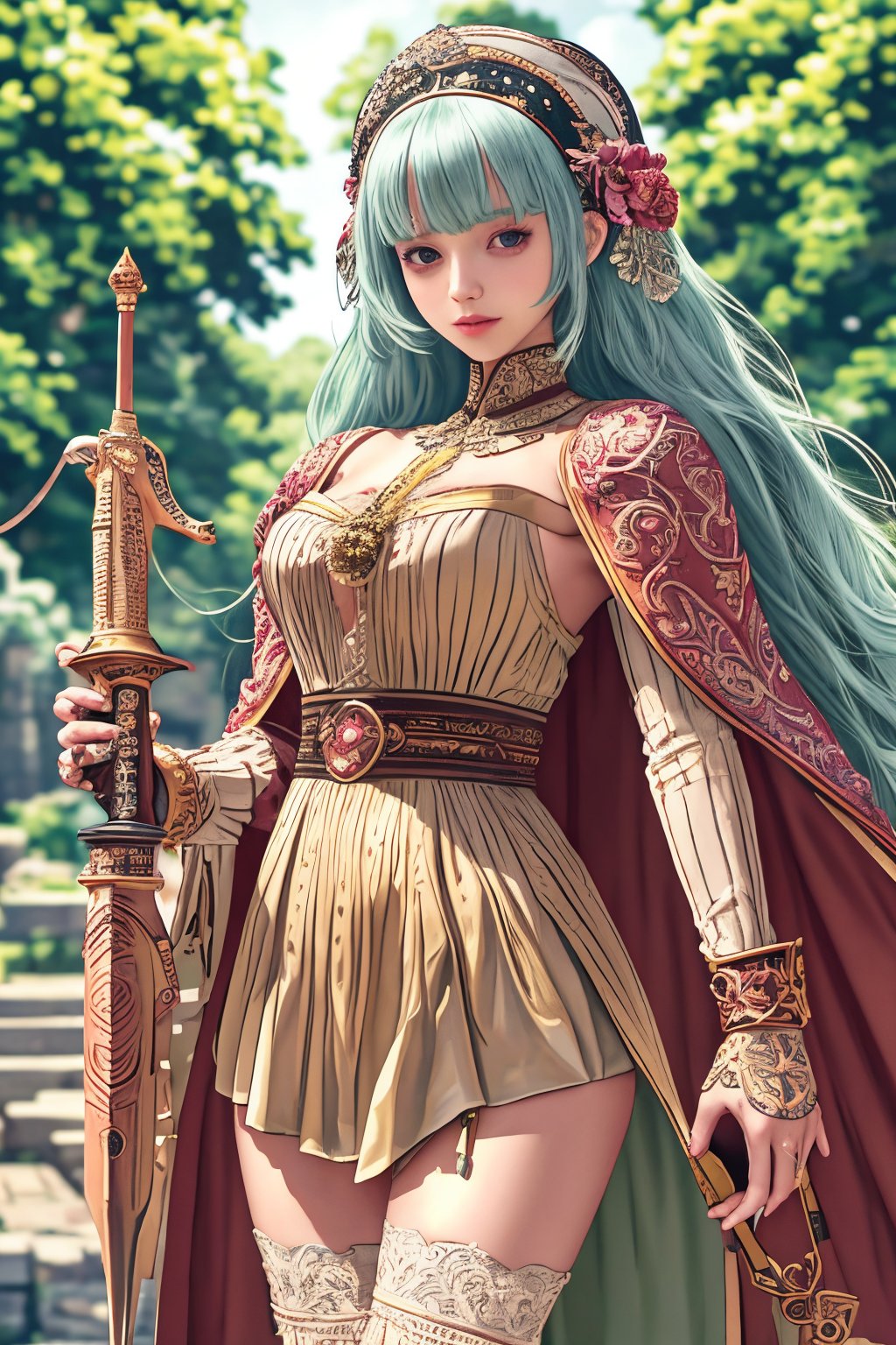 (masterpiece), (absurdres:1.3), (ultra detailed), HDR, UHD, 16K, ray tracing, vibrant eyes, perfect face, award winning photo, 1 girl with long hair, blond-green hair with bangs, bronze eyes, detailed face, wearing a fancy ornate (((folk dress))), shoulder armor, armor, glove, hairband, hair accessories, striped, (holding the great weapon:1.7), jewelery, thighhighs, pauldrons, side slit, capelet, vertical stripes, looking at viewer, fantastical and ethereal scenery, daytime, church, grass, flowers. Intricate details, extremely detailed, incredible details, full colored, complex details, hyper maximalist, detailed decoration, detailed lines, best quality, dynamic lighting, perfect anatomy, realistic, more detail, ,Architect, shiny skin, (shy blush:1.1), (dynamic action pose:1.3) ,slightly smile, lens flare, photo quality, big dream eyes, ((perfect eyes, perfect fingers)) ,kawaii, (Sharp focus realistic illustration:1.2), holding stuff, ,candystyle,philia